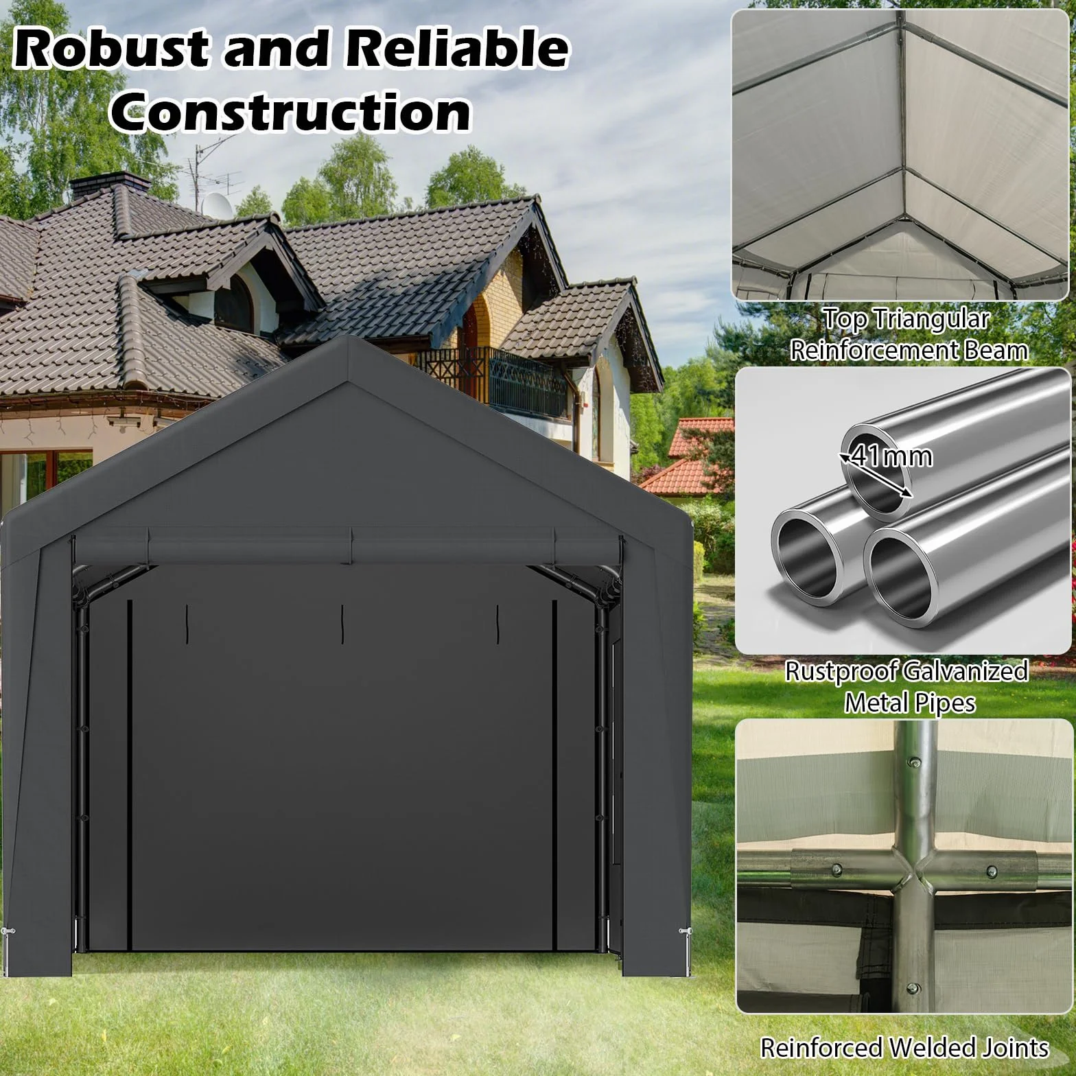 SOARS Carpa de Garaje 300 x 595 x 280, Tienda de campaña con 8 Paredes Laterales extraíbles, Marco de Metal, Paneles de Ventanas de Polietileno, Puertas enrollables, Refugio para Garaje, Incluye