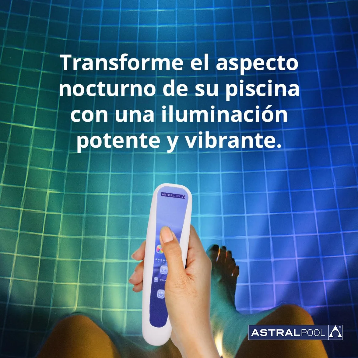 Astralpool Lámpara LED - PAR56 RGB RC1100 + RC Multicolor - Sumergible - Piscinas - 12 Colores, 8 secuencias, 8 velocidades - Incluye Control Remoto