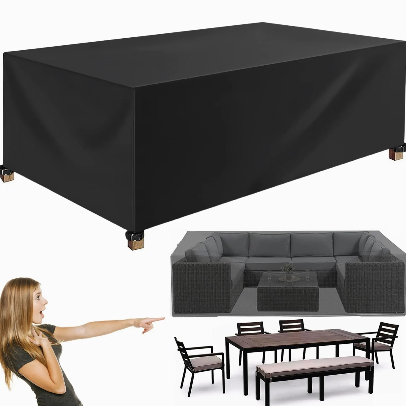 Rectangular Cubre Mueble Jardin 230 x 180 x 95 cm Cubierta Protectora a Prueba de Viento, Antivento, Resistente Al Frio, Funda para Mesa de Jardín, para Cualquier Mueble, Negro