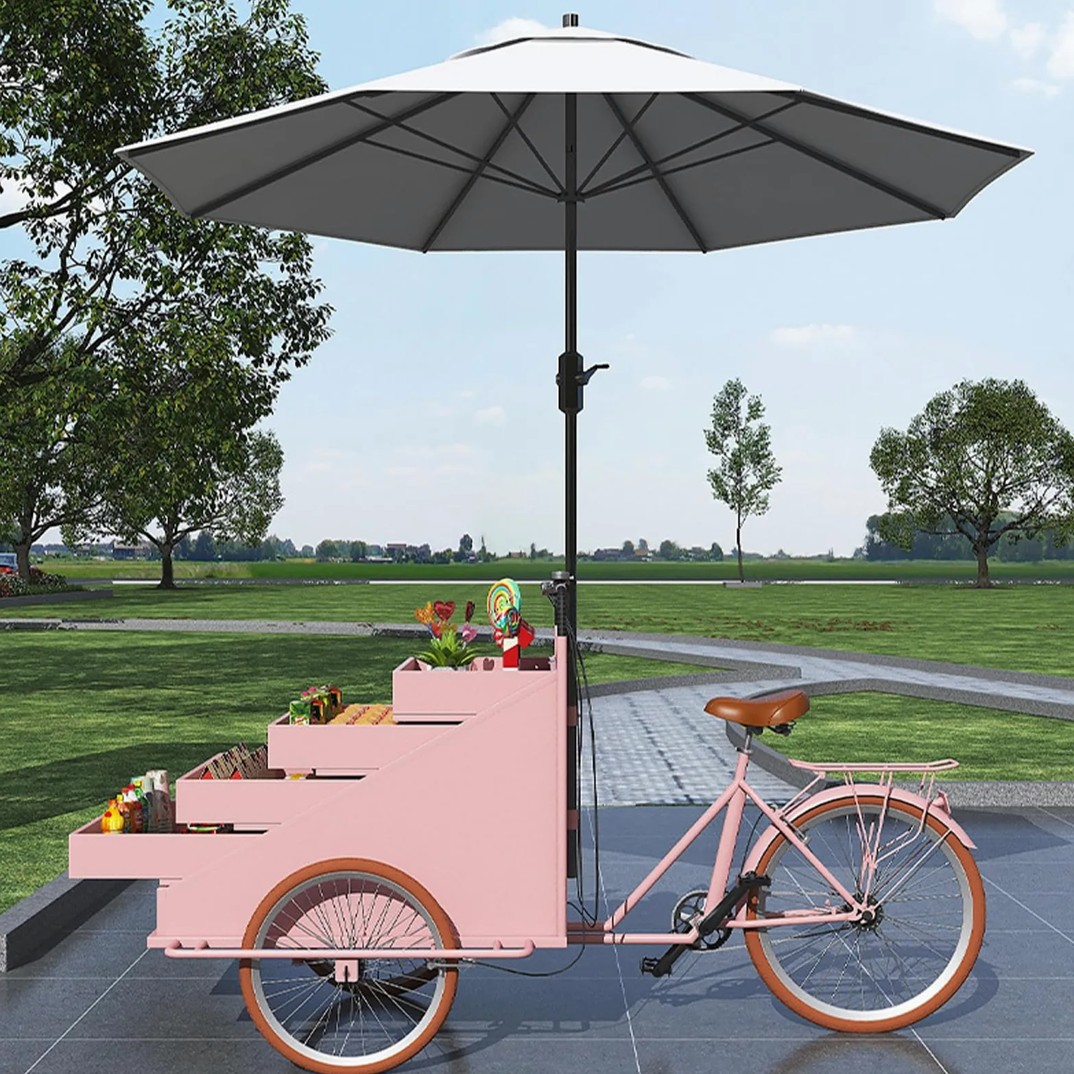 Camión de Comida móvil con Triciclo para Exteriores, Carrito de Venta de Comida al Aire Libre, Triciclo expendedor con cajones retráctiles y sombrillas, para Venta Ambulante y Camping.,C