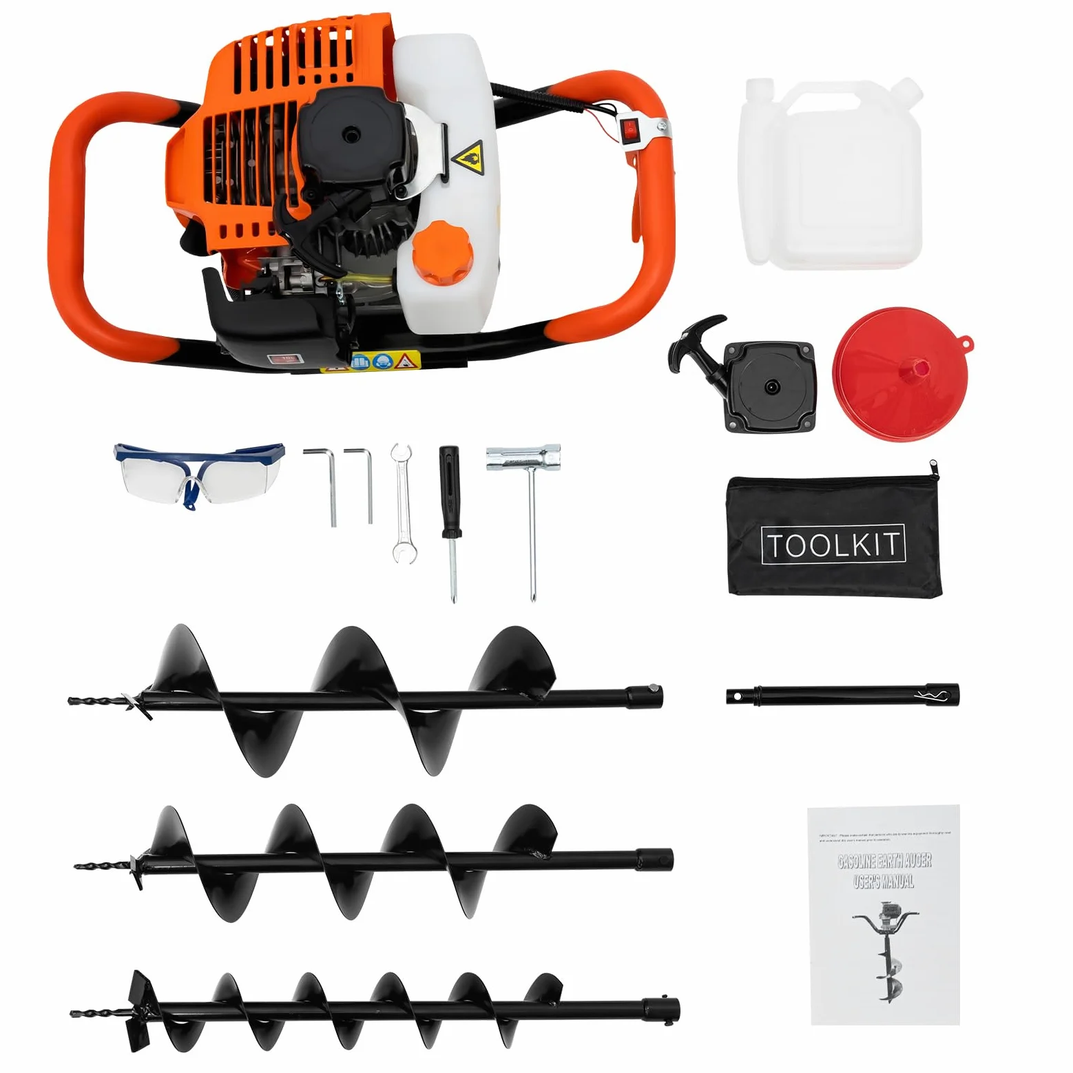 52CC Ahoyadora Gasolina 2 Tiempos Taladro de Tierra Gasolina con 3 Brocas (10/15/20 cm) + 30 cm Extensión Antivibración, Broca Jardín para Plantación de Jardines, Suelto Vegetal Cultivo | Perforadora de tierra de gasolina, varilla de extensión antivibraci
