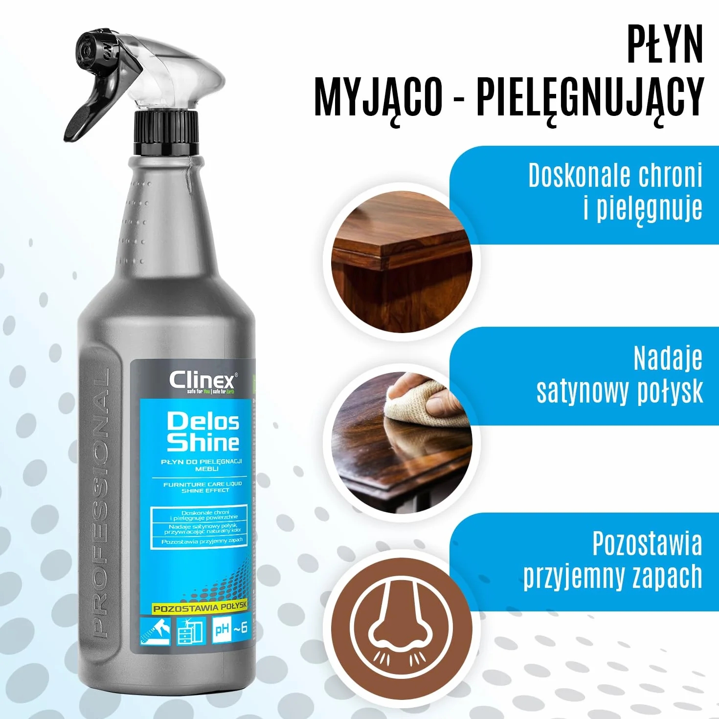 CLINEX Delos Shine, Líquido limpiador y cuidado de muebles, deja brillo, 1l