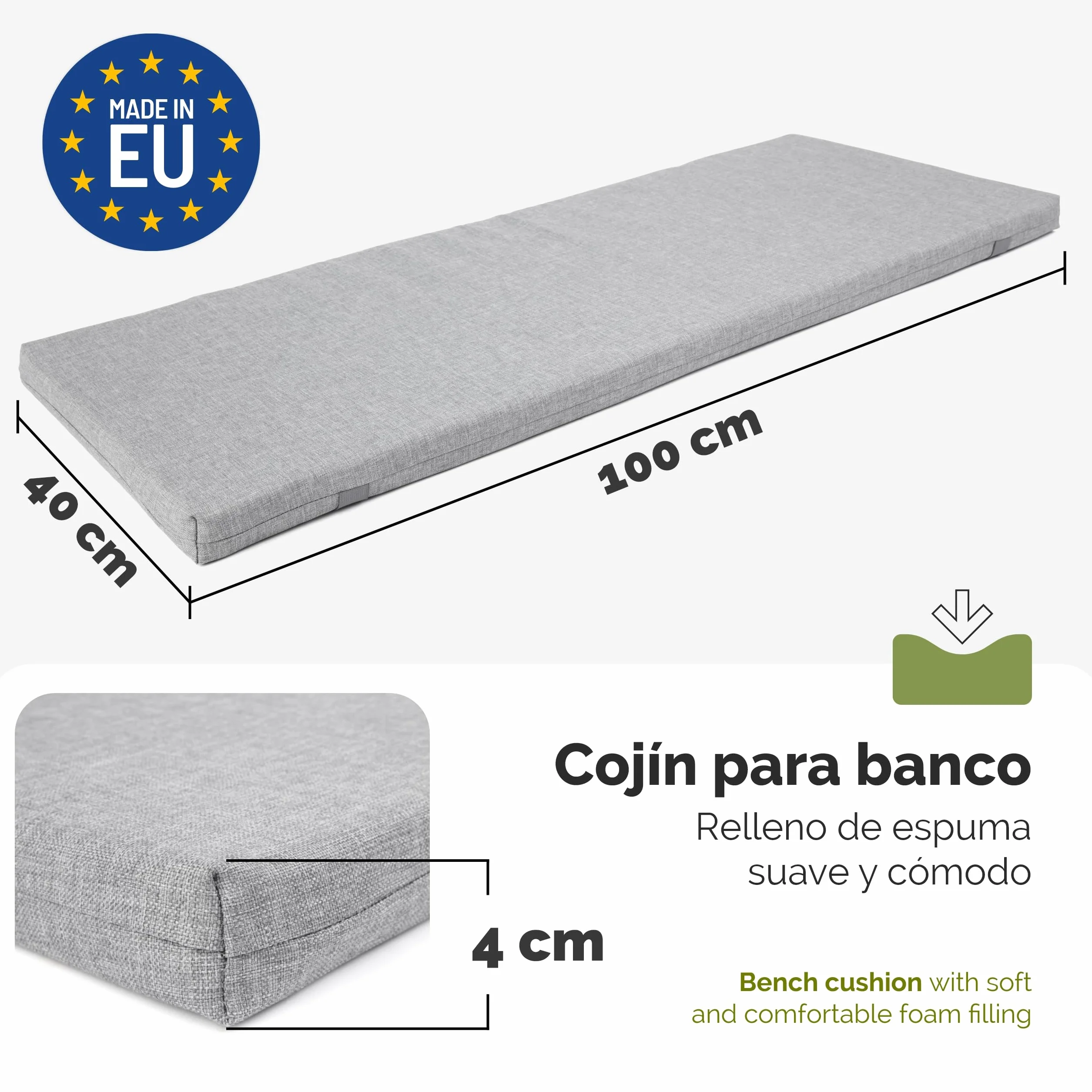 Garronda Cojín Impermeable para Banco 100x40 cm Aprox 4 cm Grosor Asiento Exterior para Banco de jardín y Columpio Acolchado Resistente UV con Cintas Gris Claro GD-0220