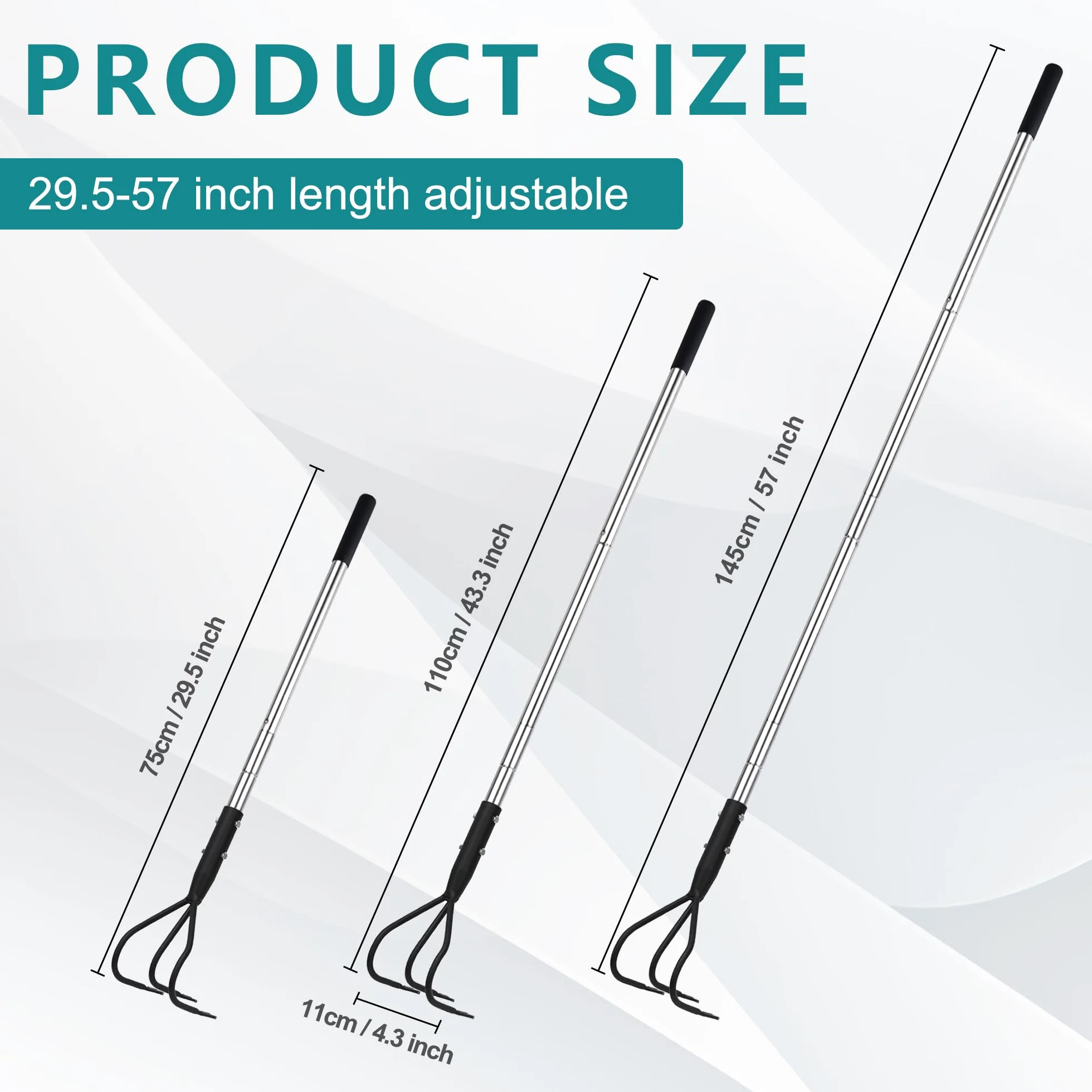 BARAYSTUS Cultivador manual robusto de 145 cm, acero al carbono, longitud ajustable, herramientas de jardín, cultivador de 3 dientes para jardín, aflojamiento del suelo