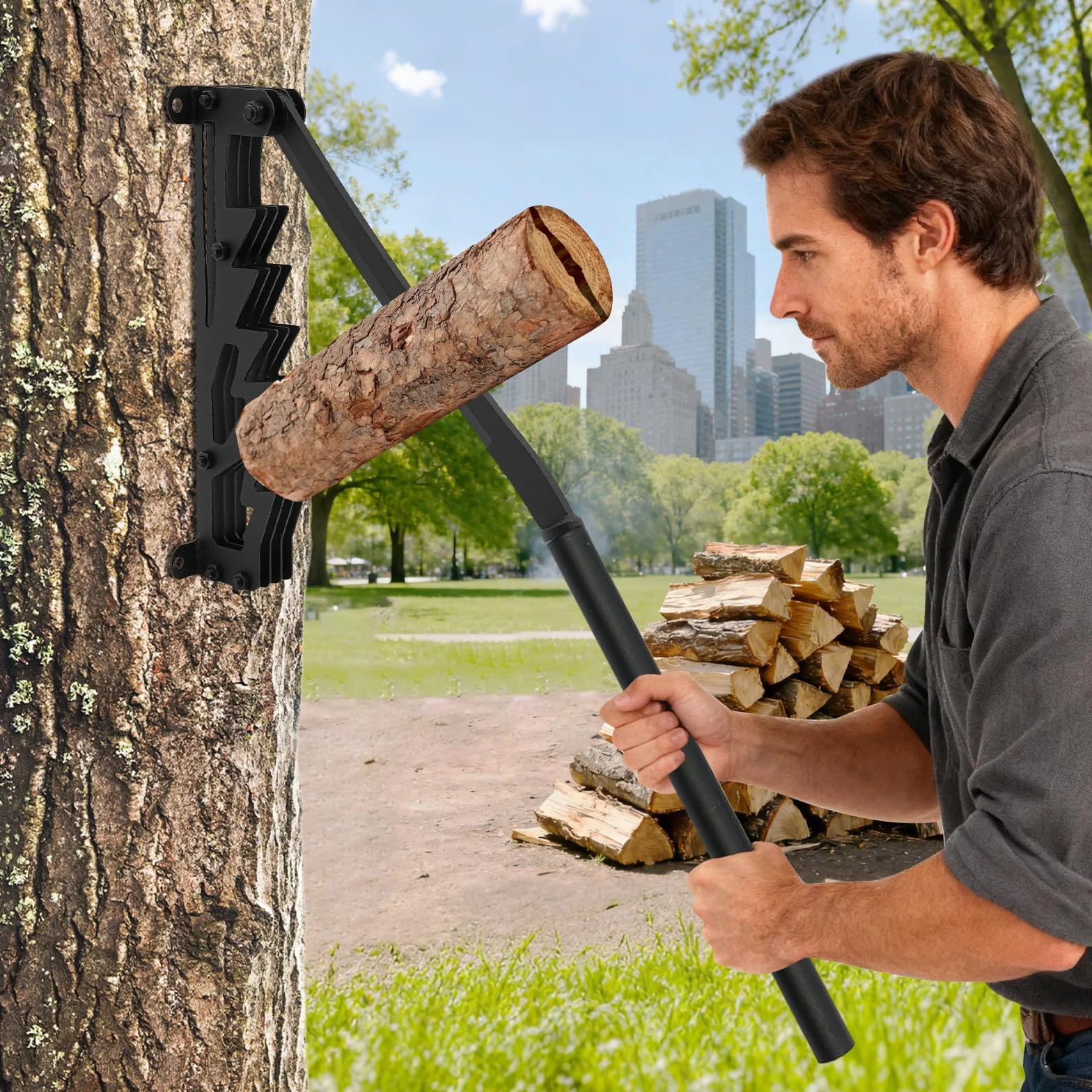 Astilladora manual de leña de hierro fundido, soporte de pared portátil para astillado de madera para interiores y exteriores, incluye 2 asas desmontables, porta leña, guantes y bolsa para leña
