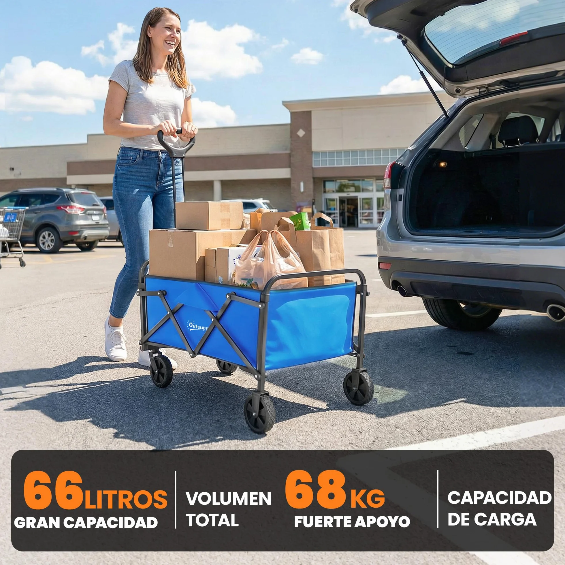 Outsunny Carro Playa con Ruedas, Carro de Jardín Plegable con Mango Ajustable, Marco de Metal, Carga 68 kg, Carrito Transporte para Todo Terreno, Jardín, Campaña, Compra, Azul