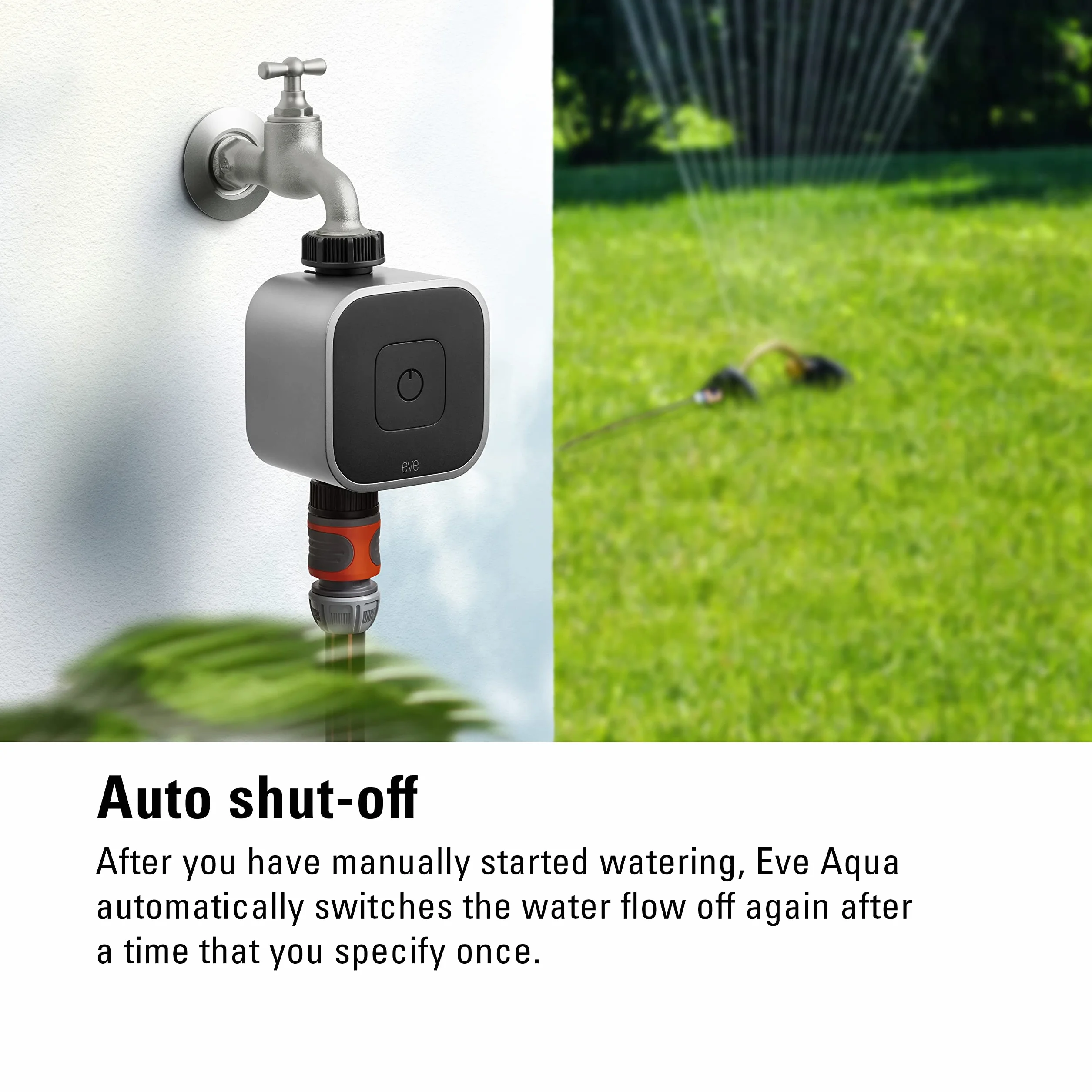 Eve Aqua – Controlador inteligente de riego para la app Casa de Apple y Siri; riega automáticamente con horarios programados, acceso remoto, no requiere pasarela, Bluetooth, Thread, Apple HomeKit