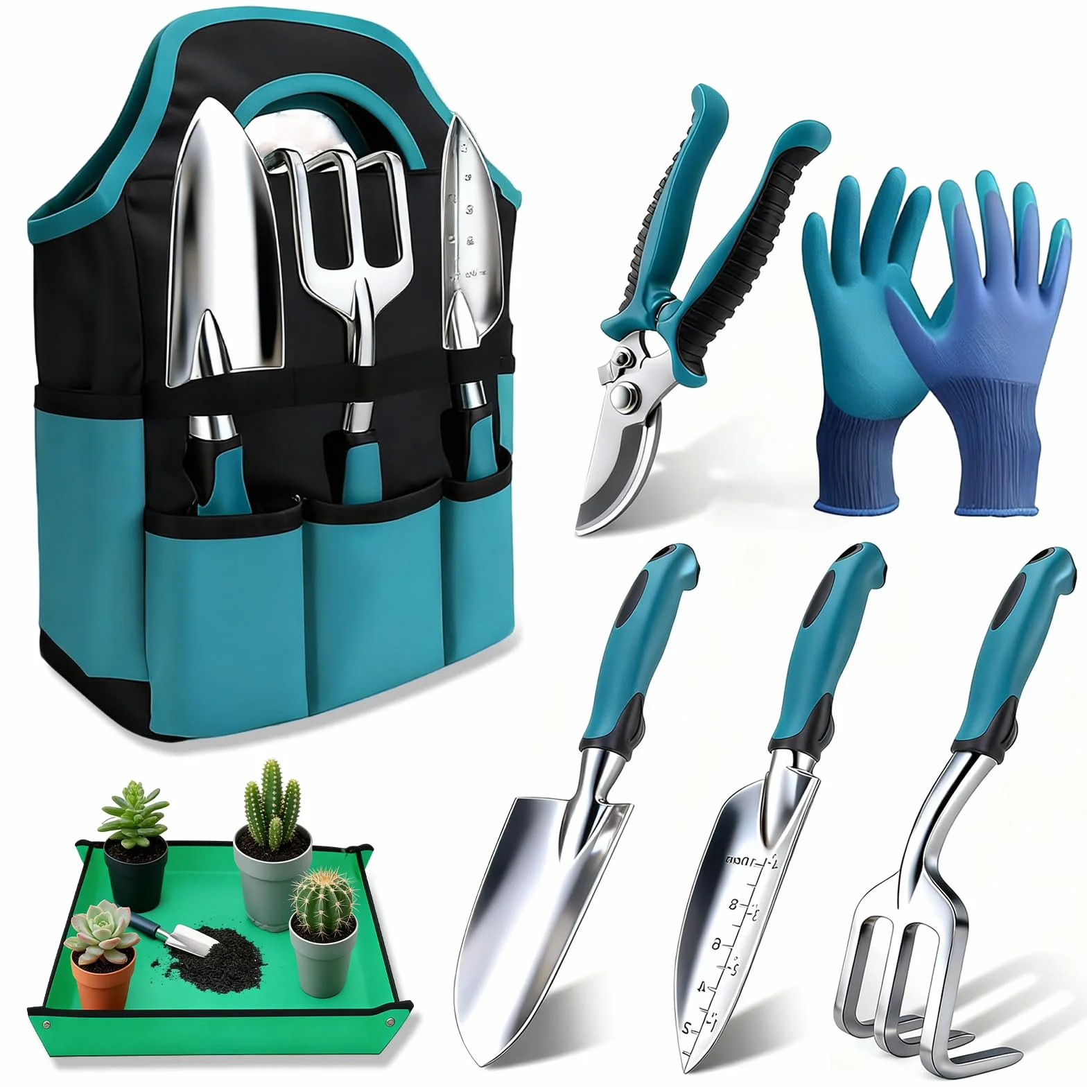 Juego de Herramientas de jardinería 7PC, Kit de jardineria Bolsa de Jardín con Bolsa de sujeción Resistente, Juego de Herramientas de Mano de jardín, Regalos de Jardinería para Mujeres y Hombres