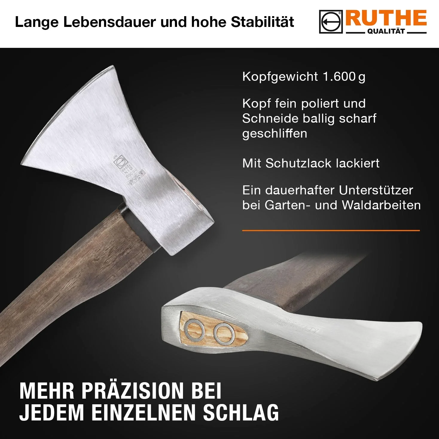 RUTHE Hacha Hickory 1.600 g | Hacha leña Profesional Totalmente forjada y templada | Hachas Bellota con Filo Convexo Pulido | Forjada en una Sola Pieza | Filo Convexo Pulido y Duradero