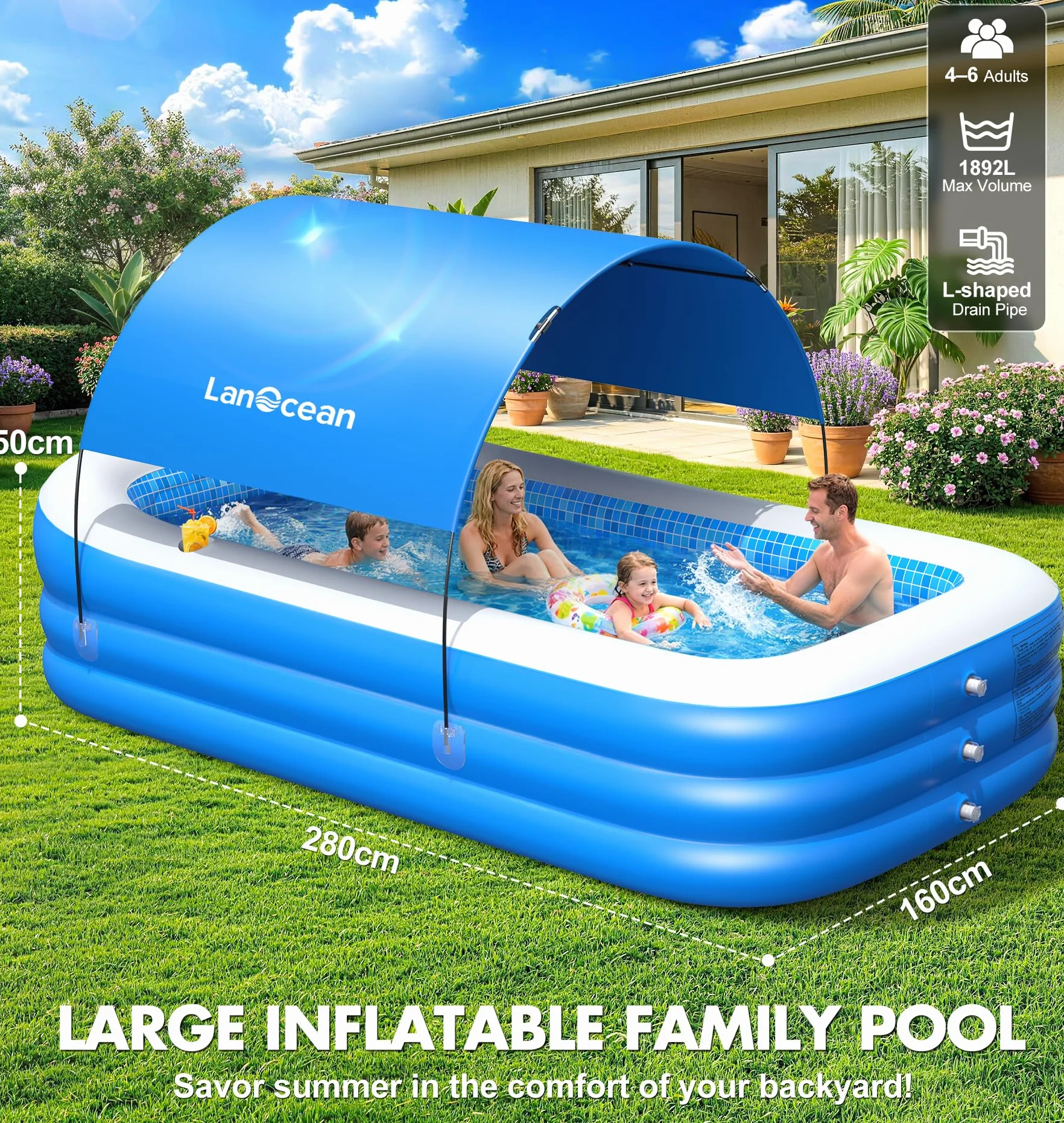 LanOcean Piscina Hinchable Adultos con Sombrilla, 280*160*50cm Piscinas Hinchables Grandes, 0,53mm Rectangular Piscina Hinchable infantil con Asiento y Portavasos, Piscinas Hinchables Familiar Jardin