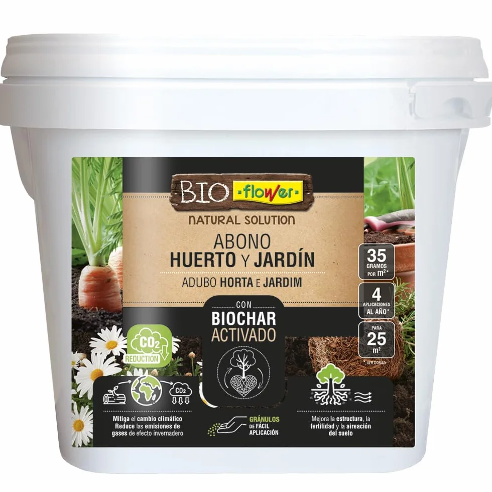 Bio-Flower Abono Orgánico con Biochar Activado para Huerto y Jardín, 800g, NPK 3-3-4, Fertilizante Natural