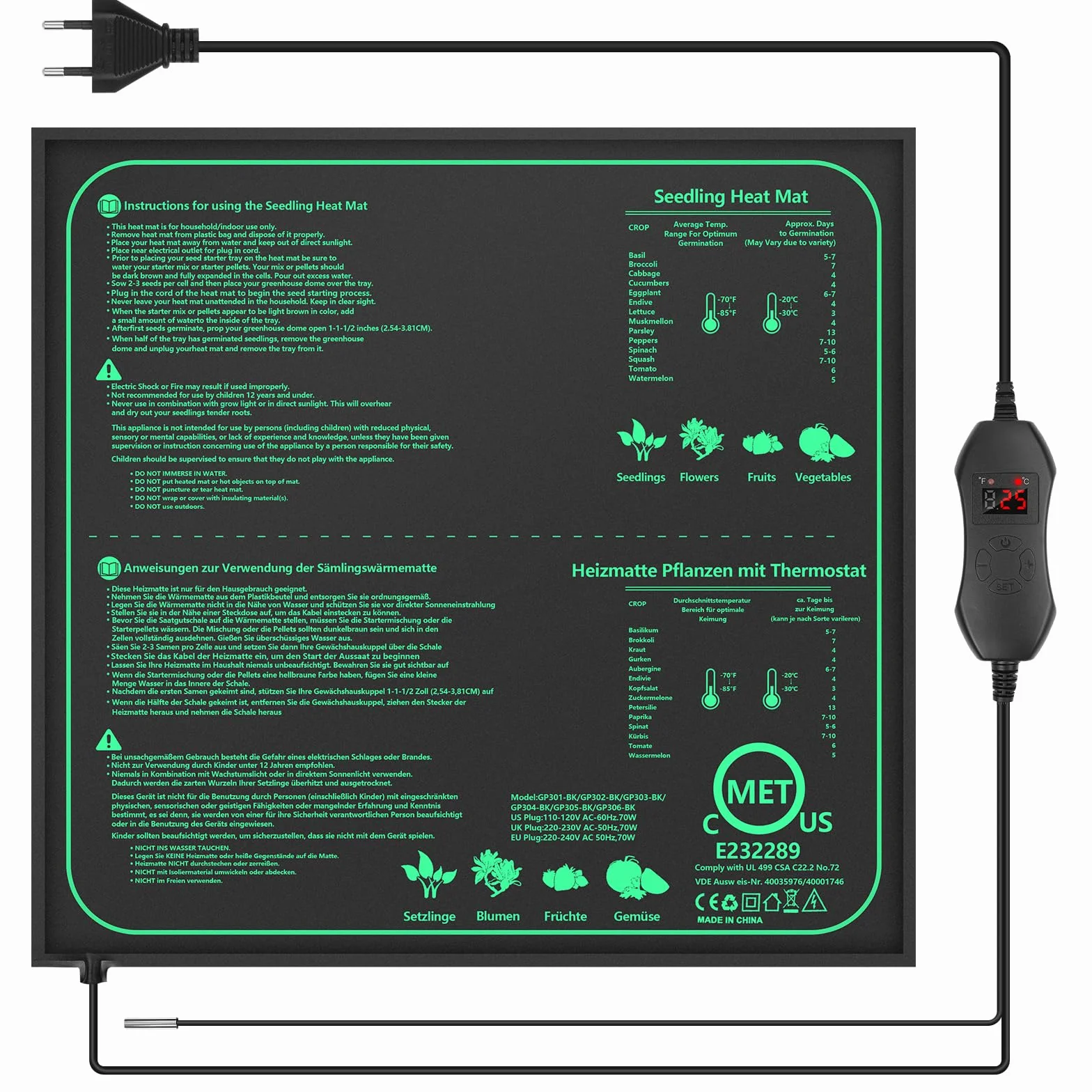 Alfombra Calefactora 70W con Termostato, 52×50cm Estera Térmica IPX4 Impermeable con Cable de Silicona y Algodón Punzonado, Temperatura Ajustable 20-45 °C para Semillas, Plantas y Reptiles