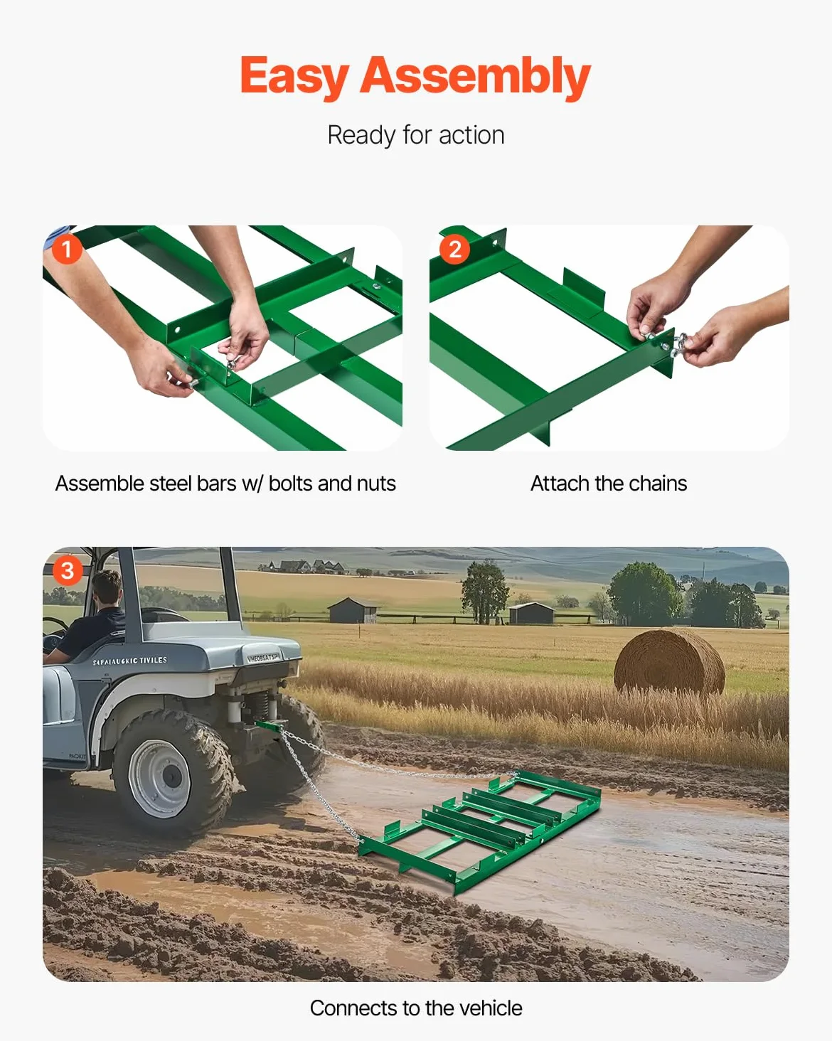 VEVOR Rastrillo de Arrastre 122 cm Cadena de 183 mm Nivelación de Caminos Acceso Vehículos Todo Terreno