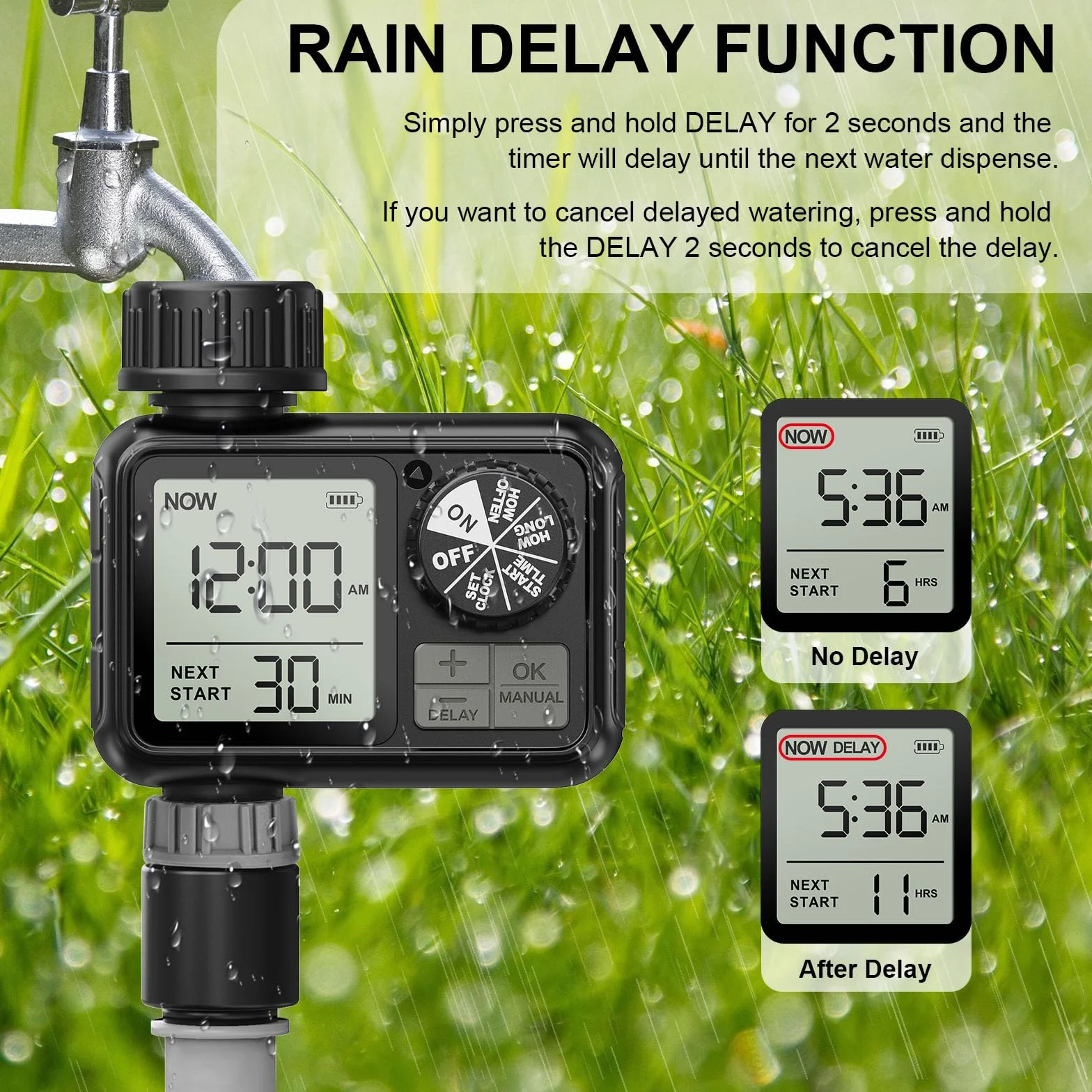 Ordenador de riego, Reloj de riego con retardo de Lluvia/Modo automático y Manual, IPX5 Resistente al Agua/Pantalla Grande Pantalla LCD Temporizador de Agua para jardín césped (1 Salidas)