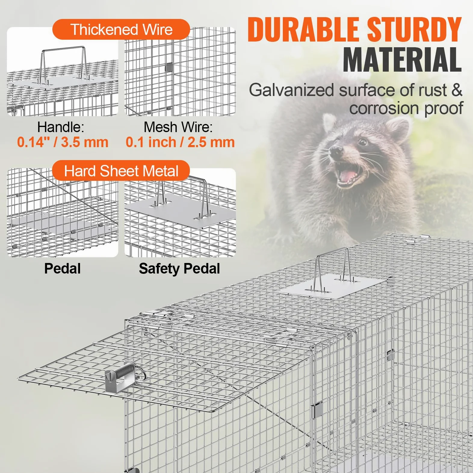 VEVOR Trampa para Animales 1270x508x660mm Jaula Plegable para Trampa para Gatos Alambre Galvanizado sin Crueldad con Asa Trampa para Conejos, Gatos Callejeros, Ardillas, Mapaches, Marmotas, Zarigüeyas