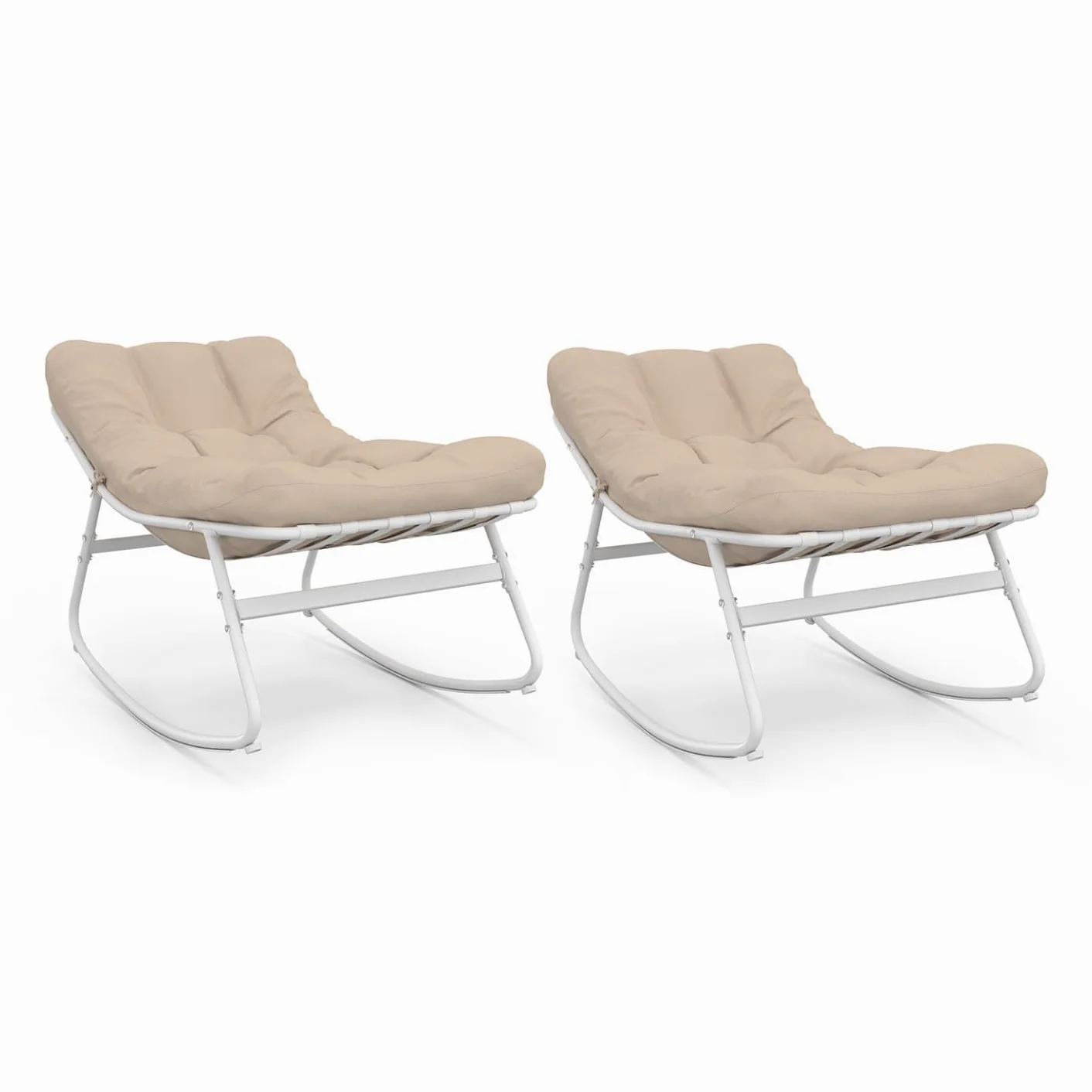 IDMarket - Juego de 2 sillones de jardín mecedora Arona, color blanco, cojines beige