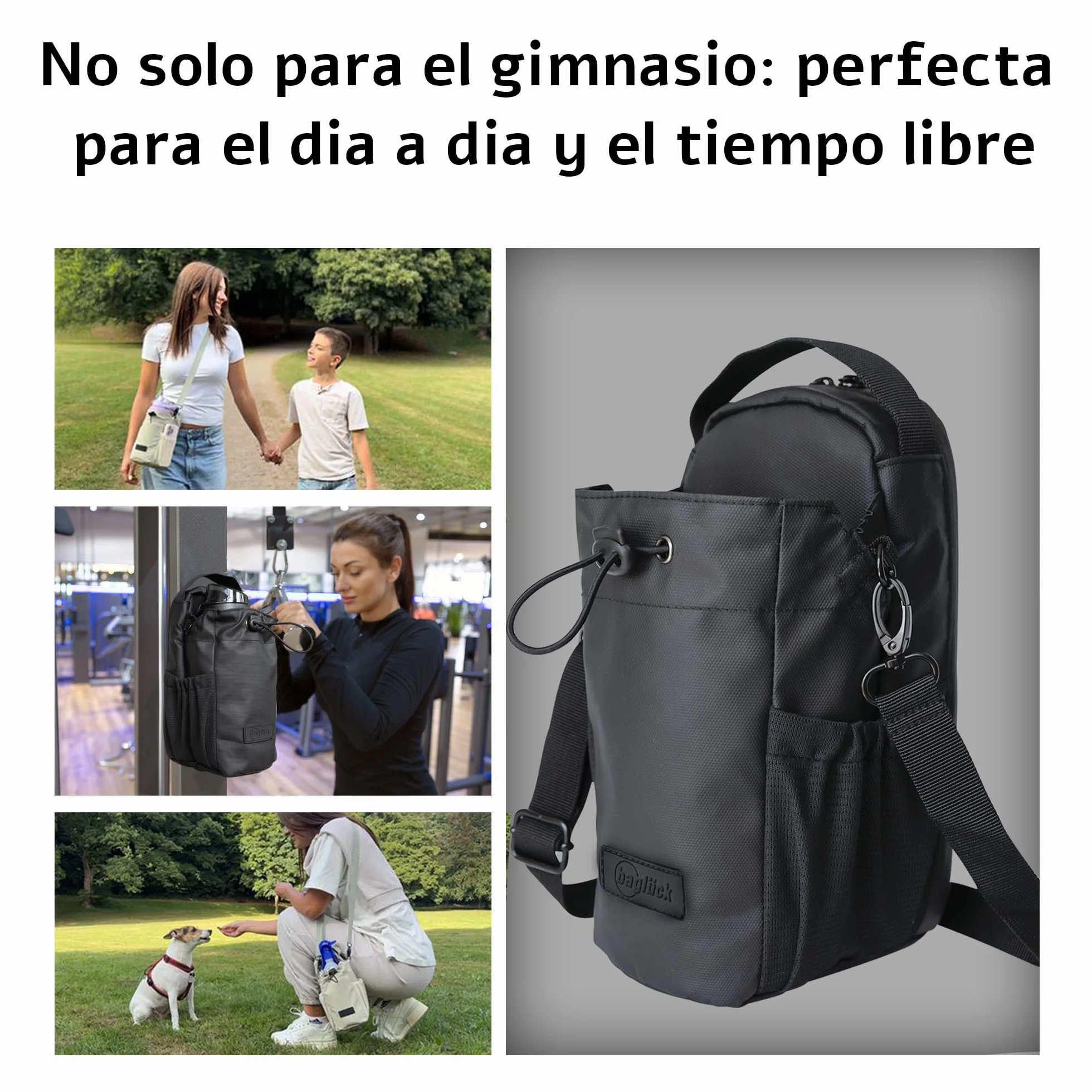 Bolsa Deportiva Magnética para Gimnasio con Soporte para Botella 1,5 L, Correa Ajustable, Negro