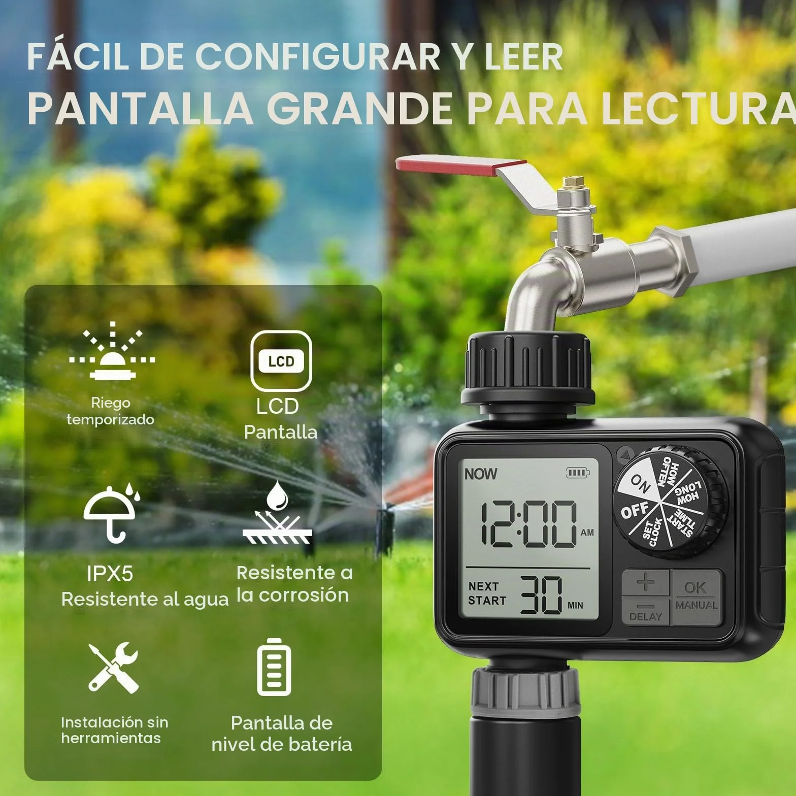 Ordenador de riego, Reloj de riego con retardo de Lluvia/Modo automático y Manual, IPX5 Resistente al Agua/Pantalla Grande Pantalla LCD Temporizador de Agua para jardín césped (1 Salidas)