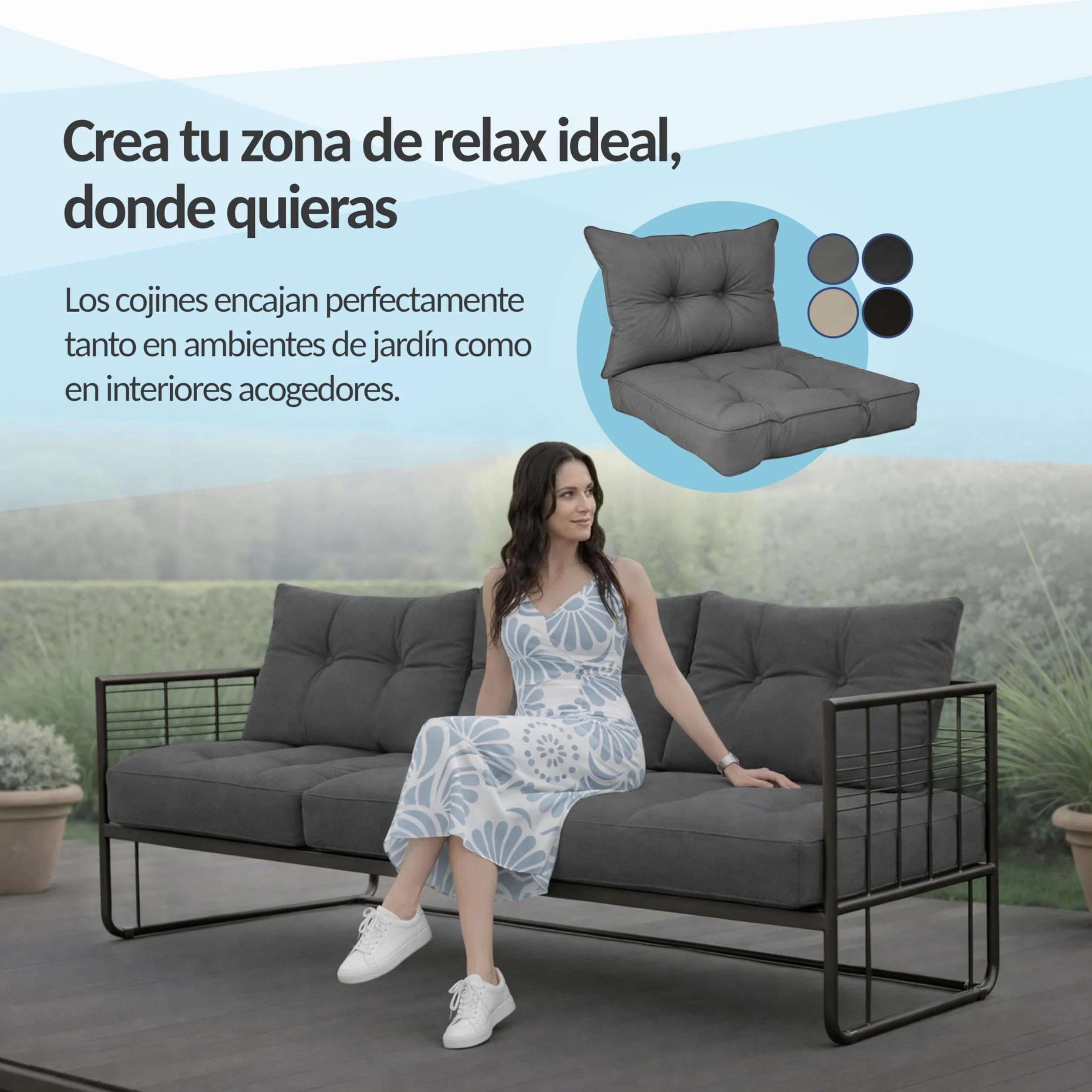 POKAR Set de 2 Cojines para Silla de Exterior: Asiento 50x50x10 + Respaldo 50x40x10 cm | Impermeable y Repelente al Agua | Cojines para Muebles de Jardín, Terraza y Ratán | Made in EU | Beige