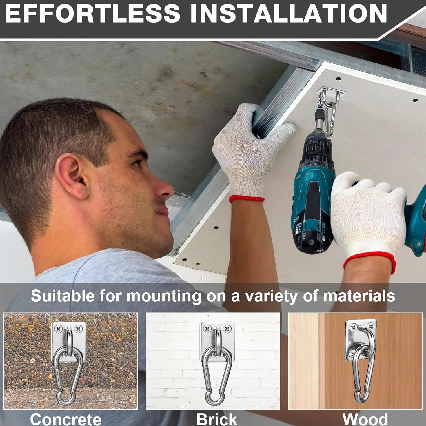 Greluma 4 Pzs Gancho de anillo de grapa con placa de ojo de almohadilla resistente con forma U para toldo de vela-Ganchos para hamaca de techo y pared M5 para suspensión columpio-Acero inoxidable 304