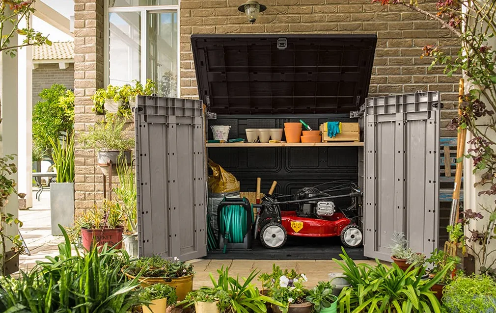 Keter Sio Pro -Cobertizo de jardín Exterior, Capacidad 1200L, Color Beige/Marrón, 145,5 x 82 x 123 cm