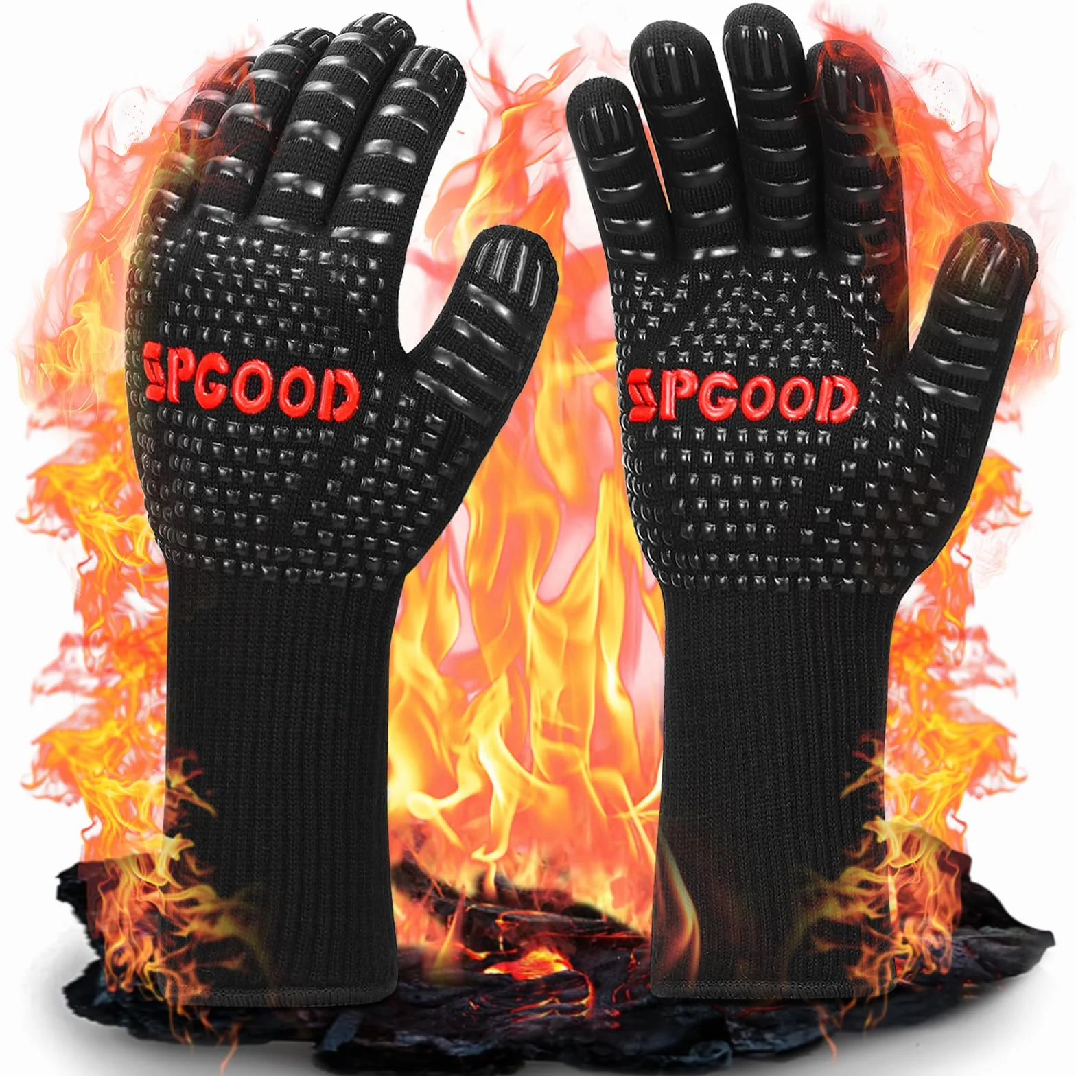SPGOOD Guantes Barbacoa Guantes Horno Altas temperaturas Largos, BBQ Guantes Resistentes al Calor hasta 800℃ para Cocina, Parrilla, Hornear, Microondas, Chimenea Negro（L/XXL）