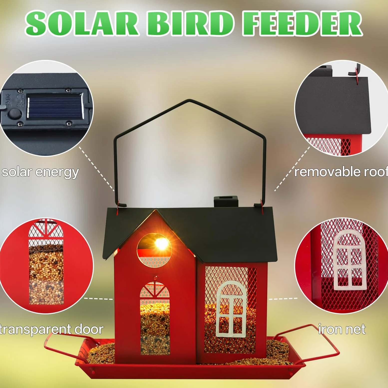 Comedero solar para pájaros para exteriores, comedero colgante de metal rojo con luz solar, comedero decorativo para cardenales, pinzones y pájaros silvestres, decoración de jardín y patio trasero
