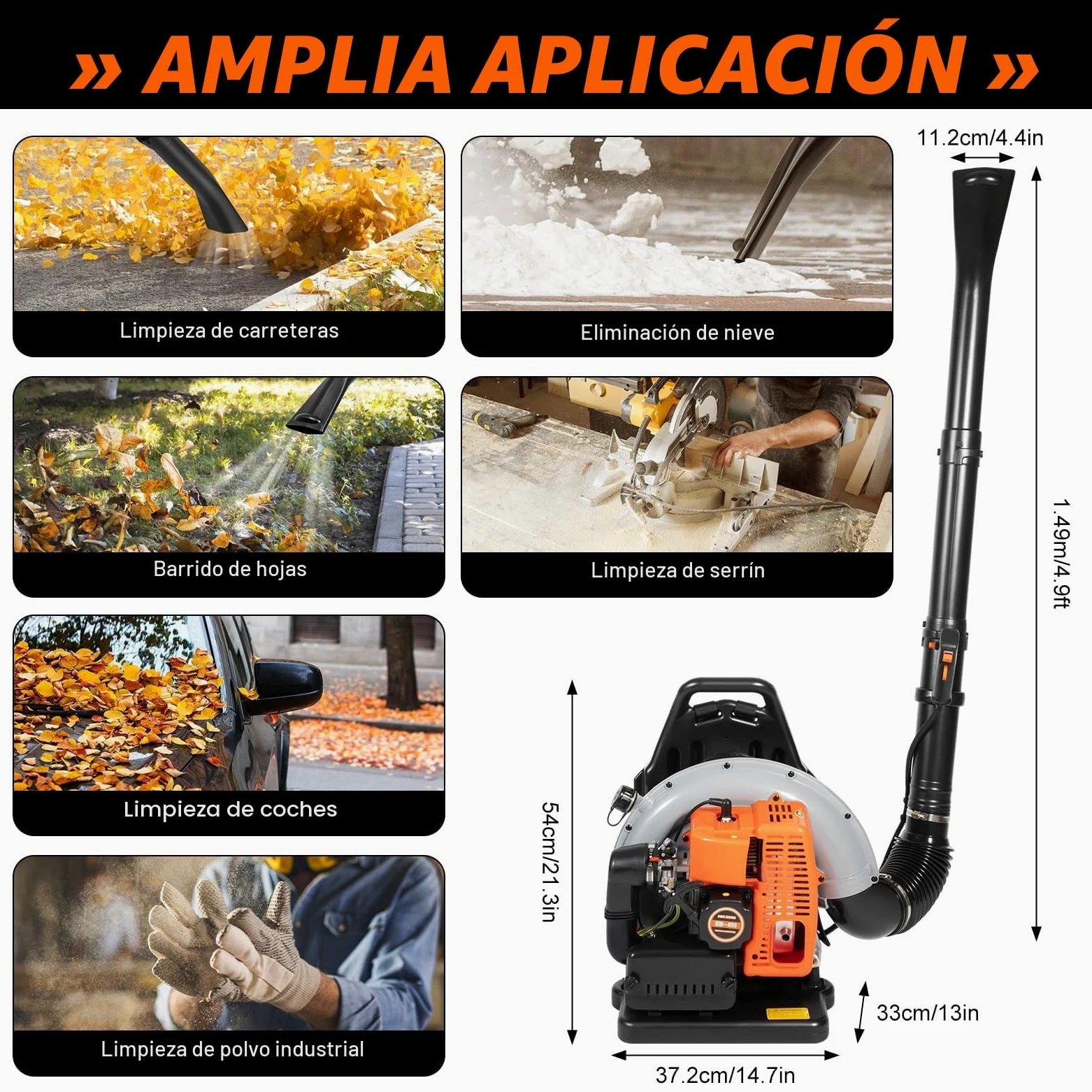 Soplador de Hojas de Gasolina, 65 CC, 3,6 CV, 2 Tiempos, soplador de Hojas, barredora de Polvo con Correa Ajustable, depósito de Combustible de 1,7 l, Boquilla de llenado de Aceite Externa
