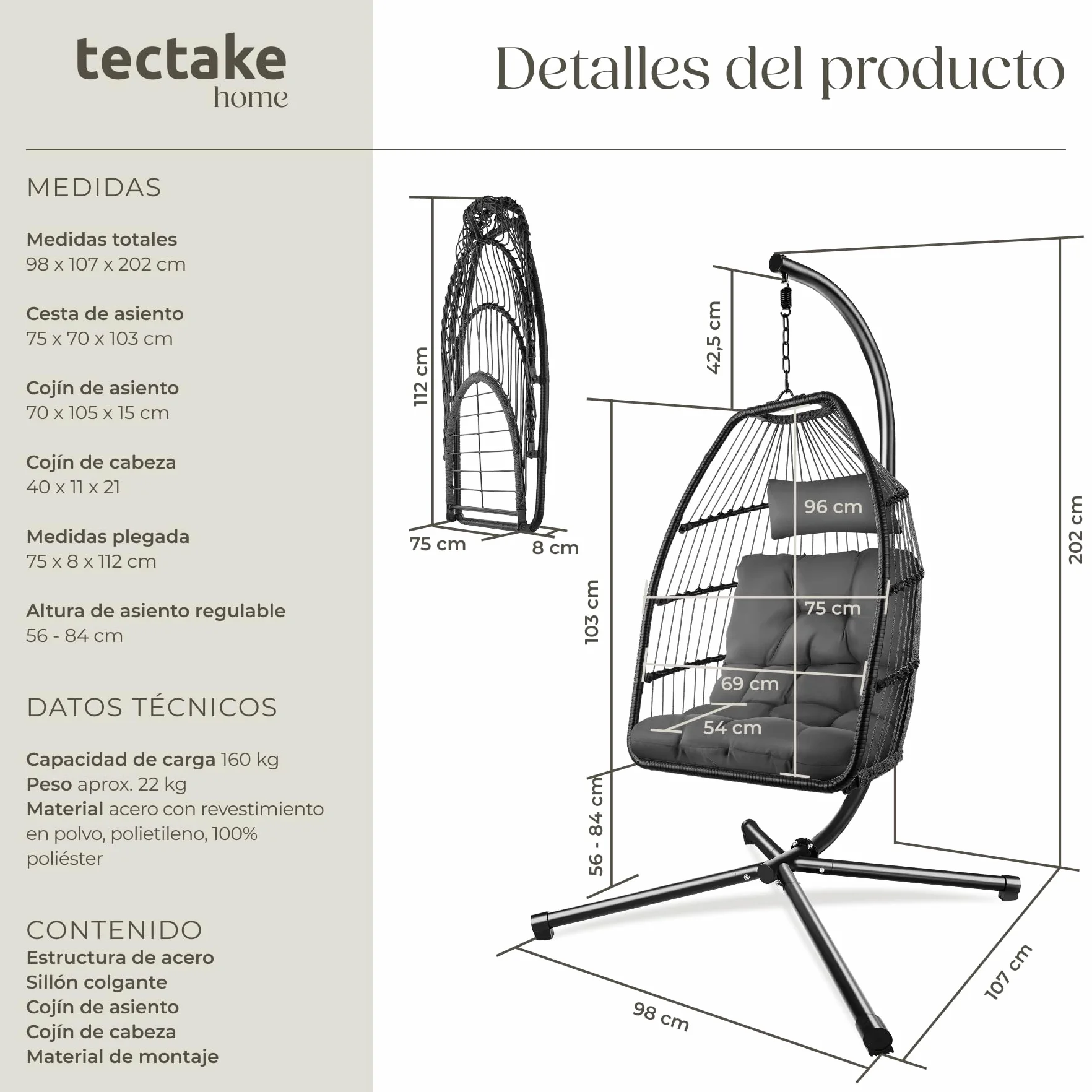 tectake® Columpio Jardín Exterior, Silla Colgante con Cojín Extragrueso, Sillón Balancín con Estructura de Acero y 4 Pies en Base, Hamaca Colgante Interior/Exterior, Plegable, Capacidad 160Kg - Gris