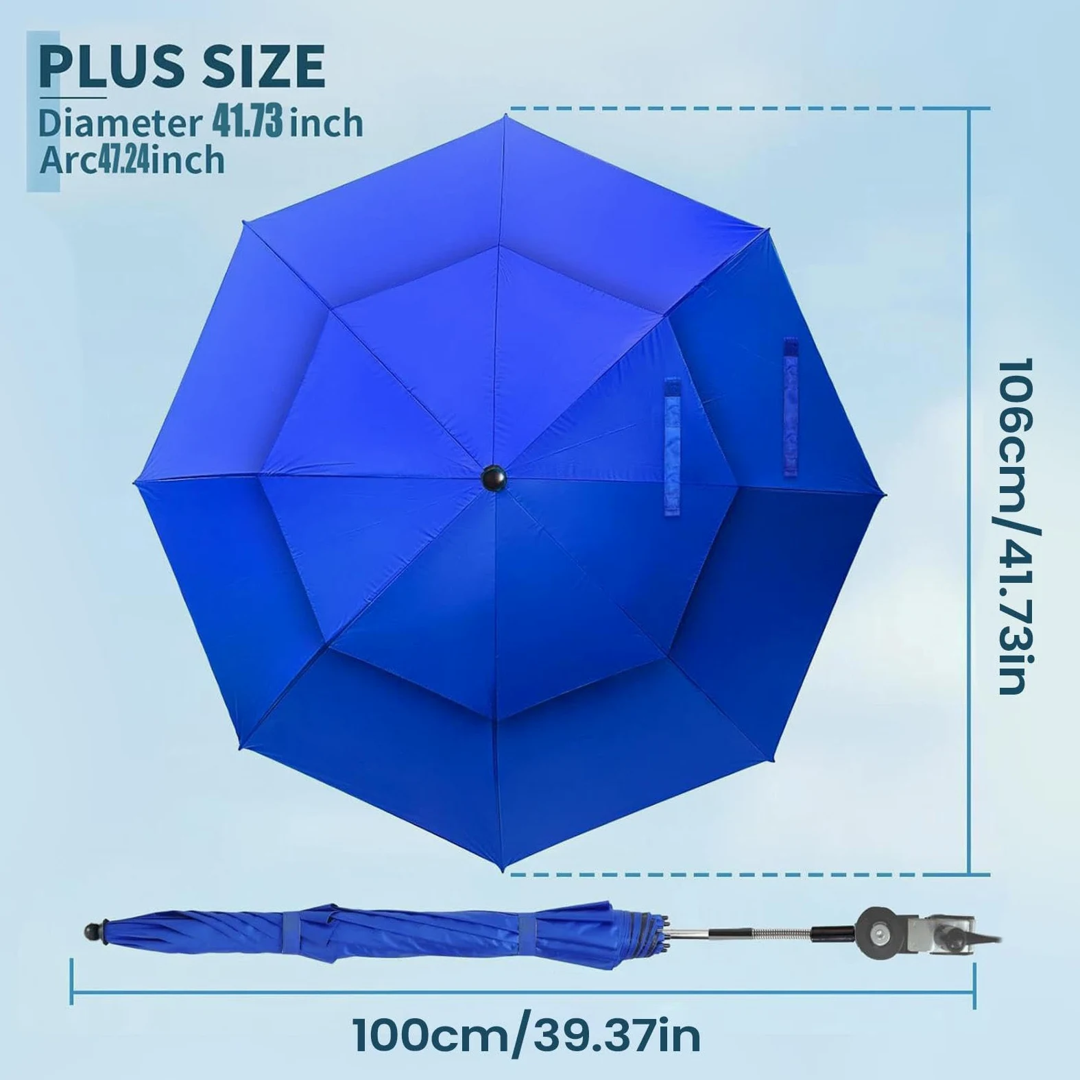 Sombrilla con clip para silla de jardín ajustable de 180° UPF 50+ doble toldo | Silla de playa para exteriores, playa, tomar el sol, viajes, vacaciones, camping, picnic, patio, silla de ruedas