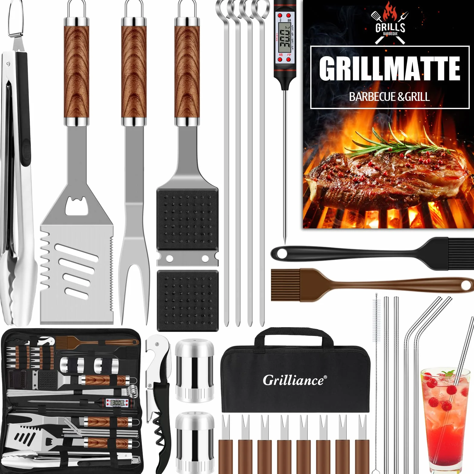 Grilliance Utensilios para Barbacoa de 30 Piezas, Kit de Accesorios para Parrilla de Acero Inoxidable para Hombres, Juego de Herramientas Profesionales para Parrilla con Bolsa de Transporte, marrón