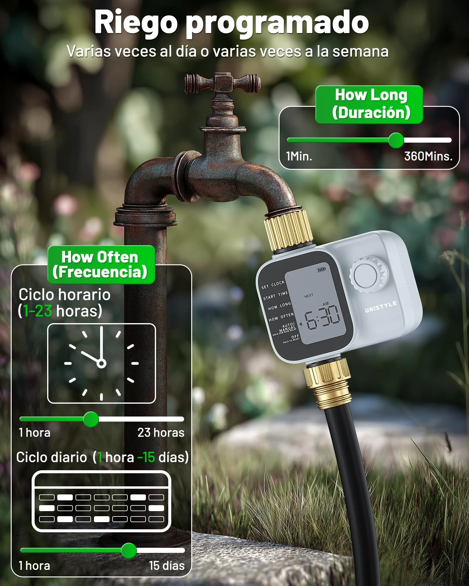 Programador de riego Unistyle | Nueva Edición 2026: Temporizador Riego Automático del Jardín, Manejo Sencillo e Intuitivo, Conexión de Latón de Alta Resistencia, Programas de Riego Flexibles