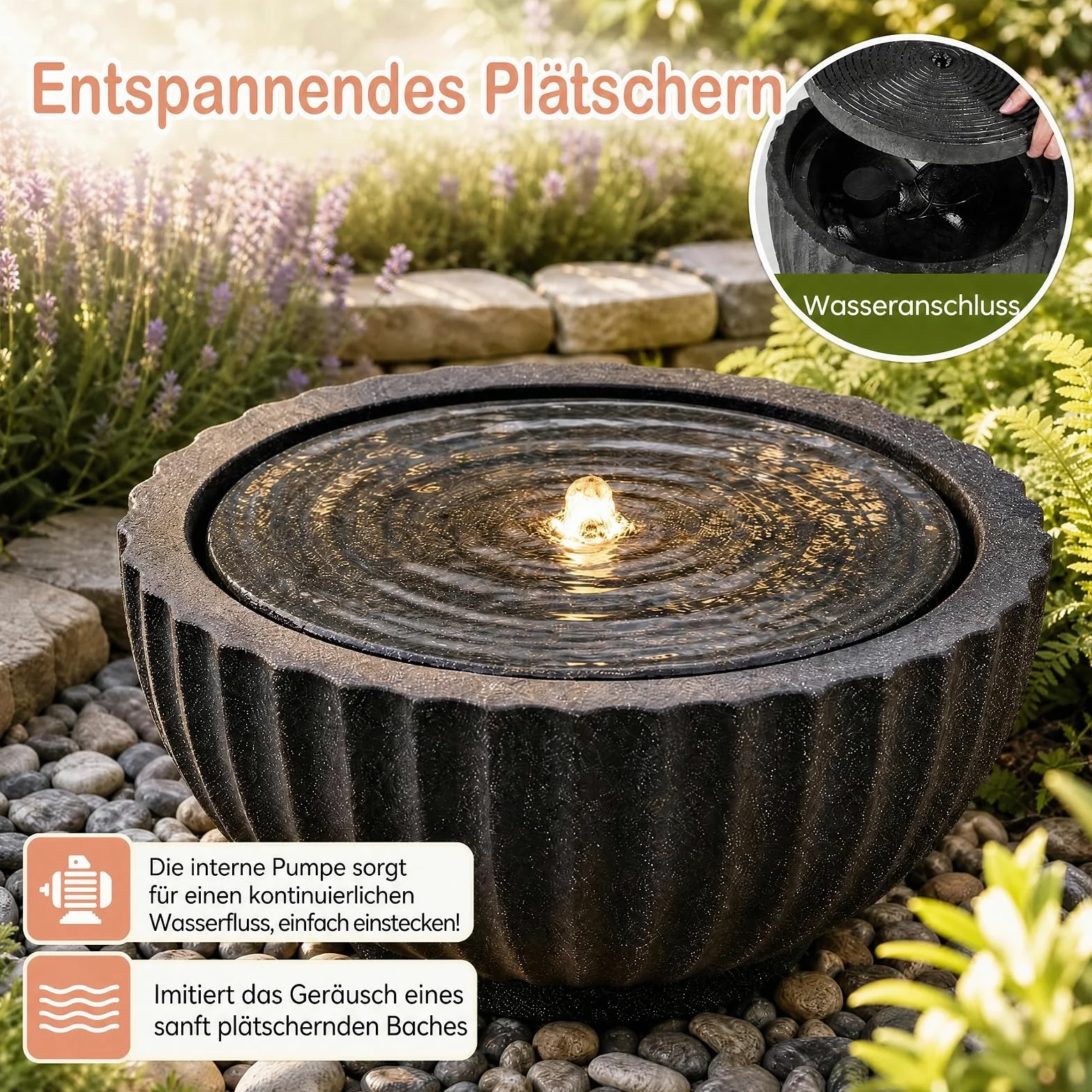 GYMAX Fuente de Jardín Redonda,Fuente Decorativa | Fuente de Agua con Iluminación LED, Bomba Ajustable y Resina Resistente para Salón, Patio y Terraza, 45 x 23,5 cm
