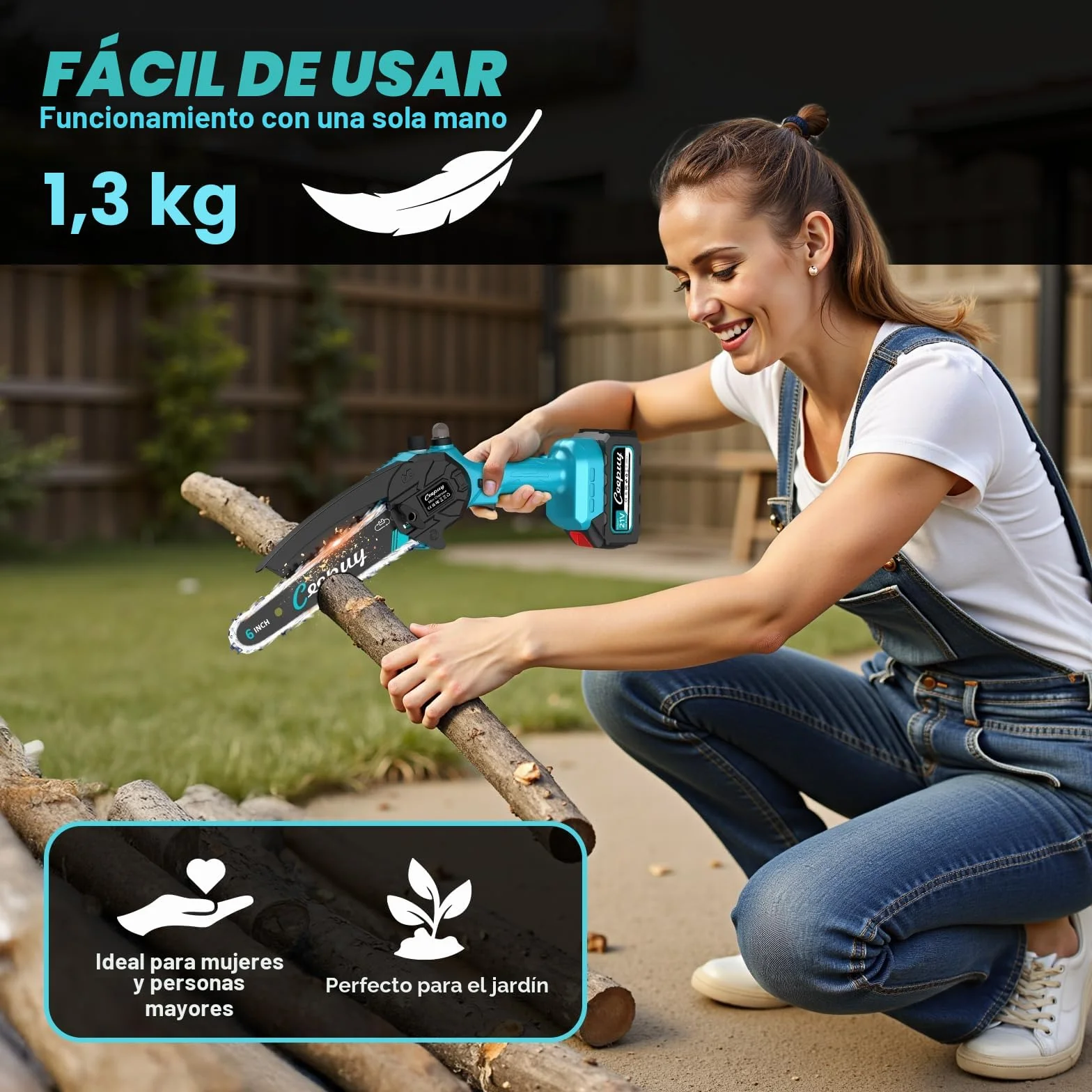 Mini Motosierra Batería 6 Pulgadas 2×4000mAh, Sierra Eléctrica Inalámbrica con Depósito de Aceite, Portátil para Podar Jardinería y Árboles