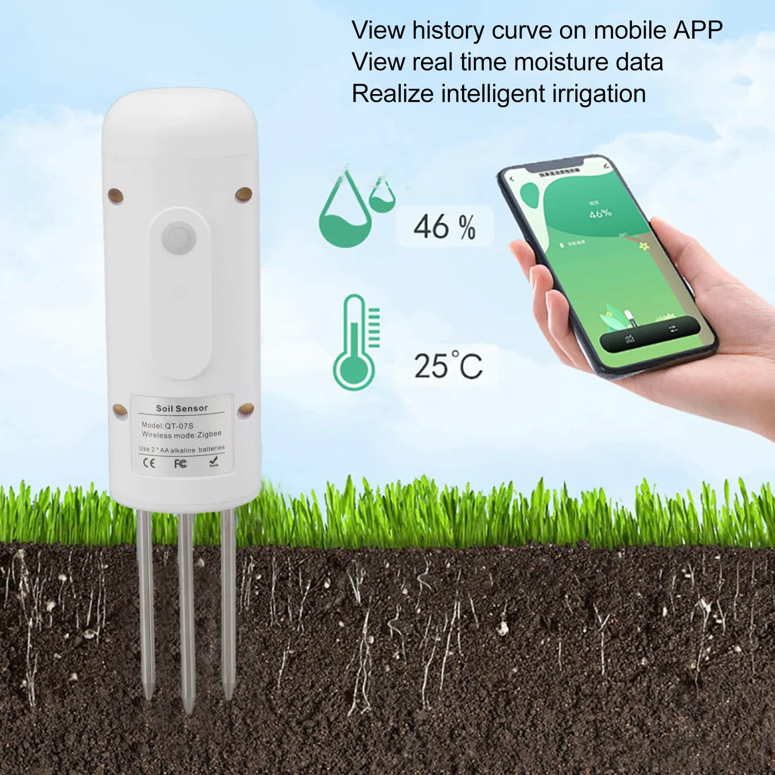 Sensor inalámbrico de suelo con sonda de 2.4 pulgadas, termómetro de temperatura del suelo, sensor de temperatura, medidor de agua del suelo para jardinería