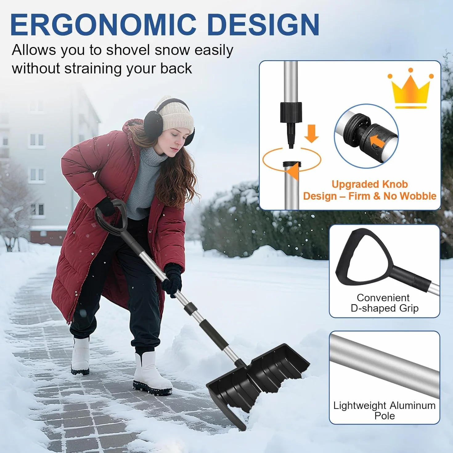 Pala de nieve extraíble grande, mango en D, 2026, para vehículo de jardín, camping al aire libre, negro oscuro