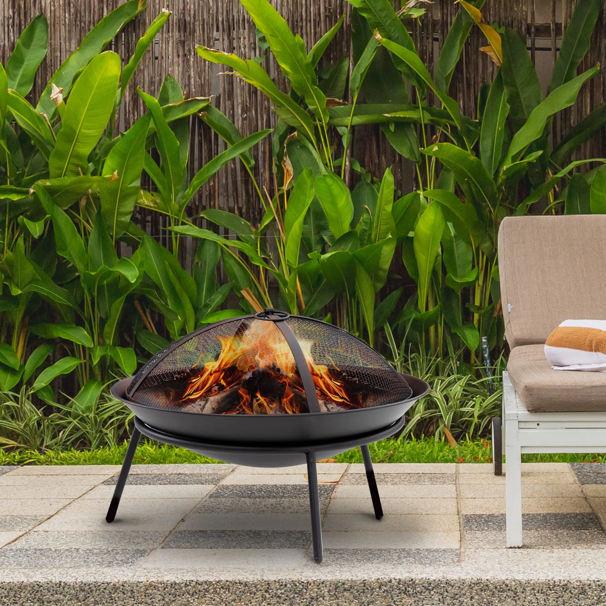 Outsunny Brasero Exterior para Jardín Pozo de Fuego de Metal con Protector de Chispas y Atizador para Hogueras Terraza Camping al Aire Libre Ø47x33 cm Negro