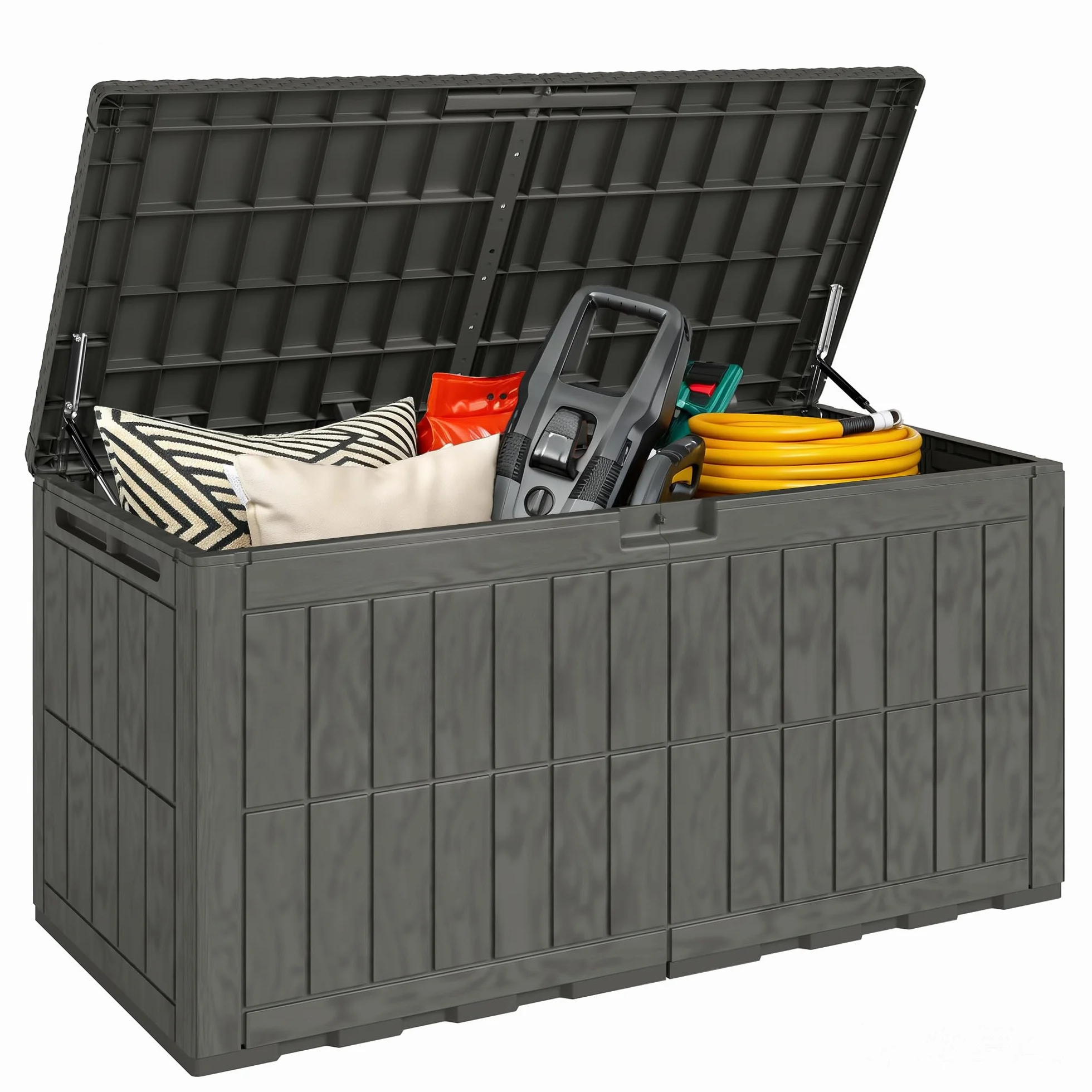 Outsunny Arcón Exterior Capacidad 440L, Baúl de Almacenaje Exterior de Resina Resistente al Agua y a los Rayos UV, con Tapa Bloqueable, Barras de Gas, Asas Laterales, para Jardín, 133x62x65 cm, Café