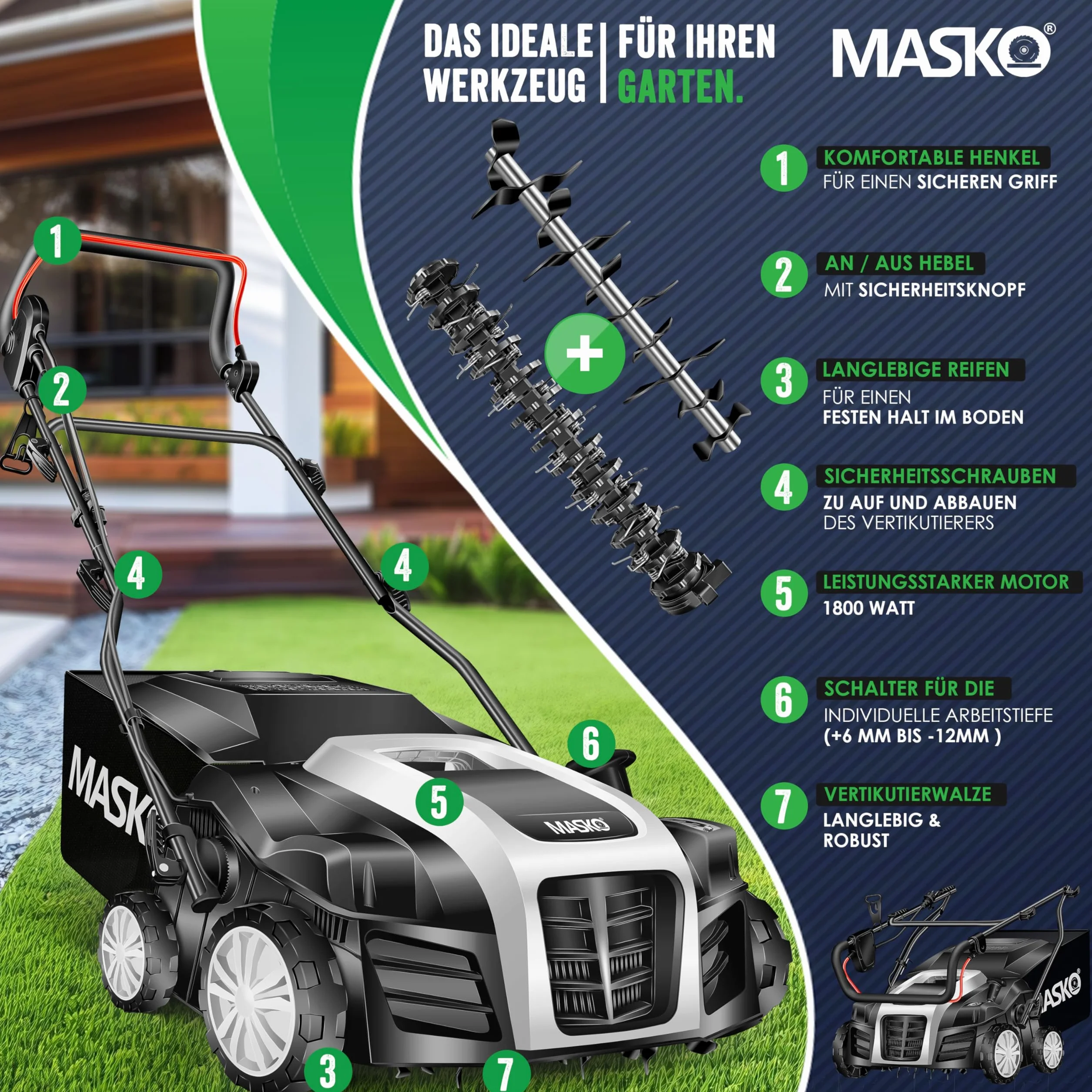 MASKO® Escarificador eléctrico 2 en 1, aireador de césped 1800W, 40 cm de ancho de trabajo, cesta de recogida de 55 l, eliminador de musgo, profundidad de trabajo ajustable en 5 etapas, negro