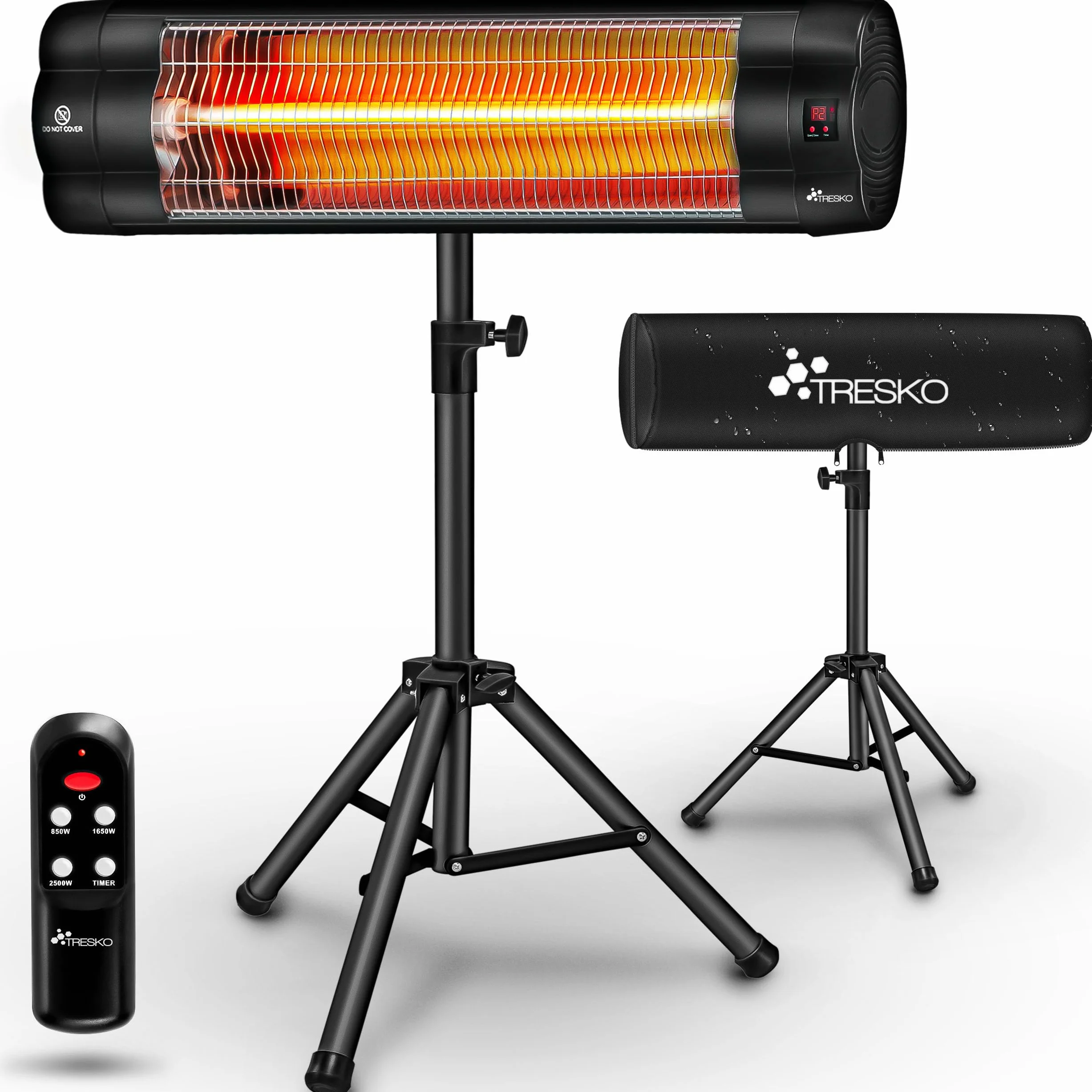 TRESKO Calefactor por Infrarrojos 2500W Control Remoto Estufa Radiante 3 Temperaturas Radiador Eléctrico Exterior Interior Calentador Altura Regulable Negro
