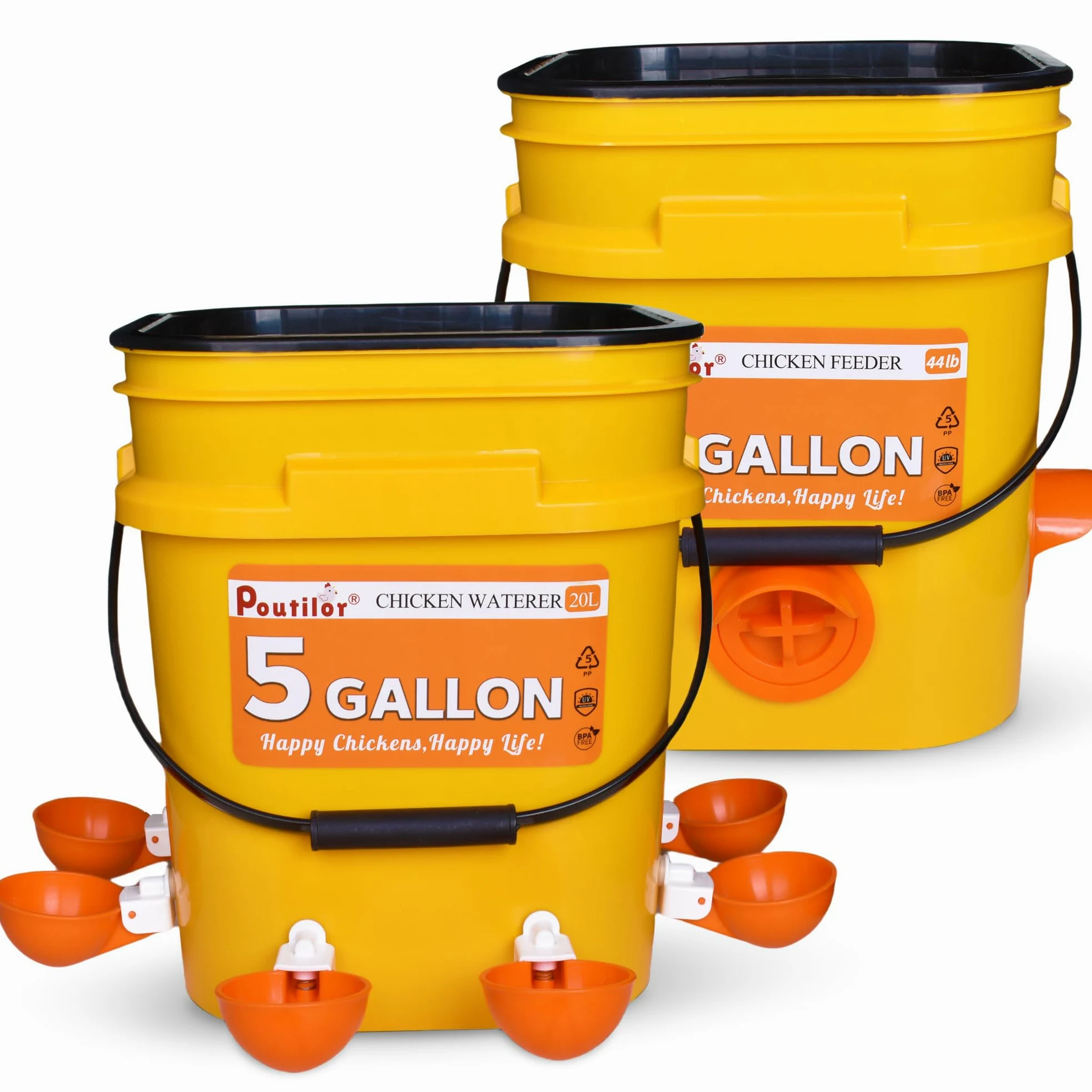 Juego de comedero y bebedero automático de pollo de 5 galones (2 cubos), juego completo real, bebedero grande para aves de corral, tazas de agua y puerto de alimentador, 44 libras/20 L
