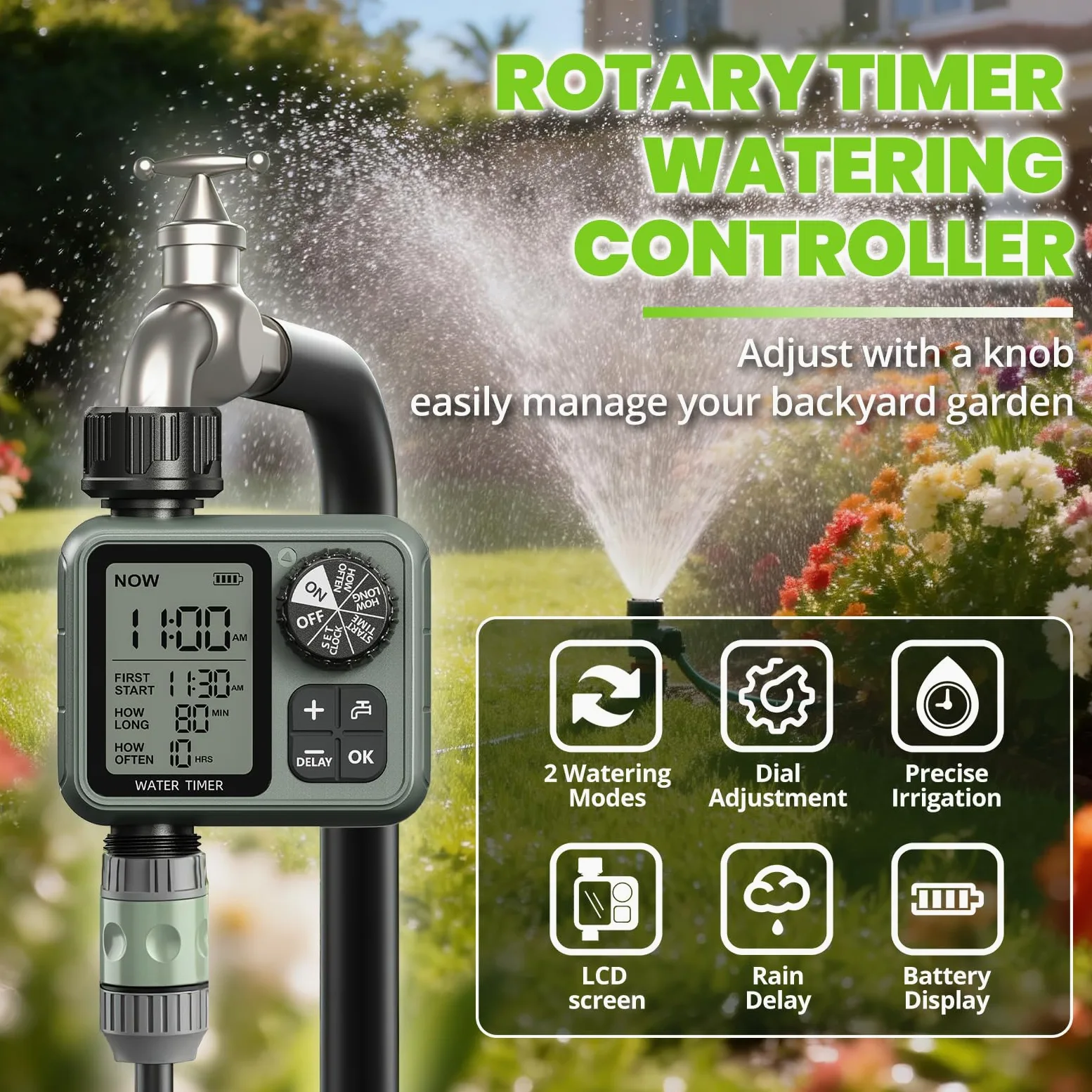 Temporizador de aspersor para manguera de jardín, temporizador de agua de ciclo y remojo con retardo de lluvia, riego manual automático para césped, patio, sistema de riego por goteo al aire
