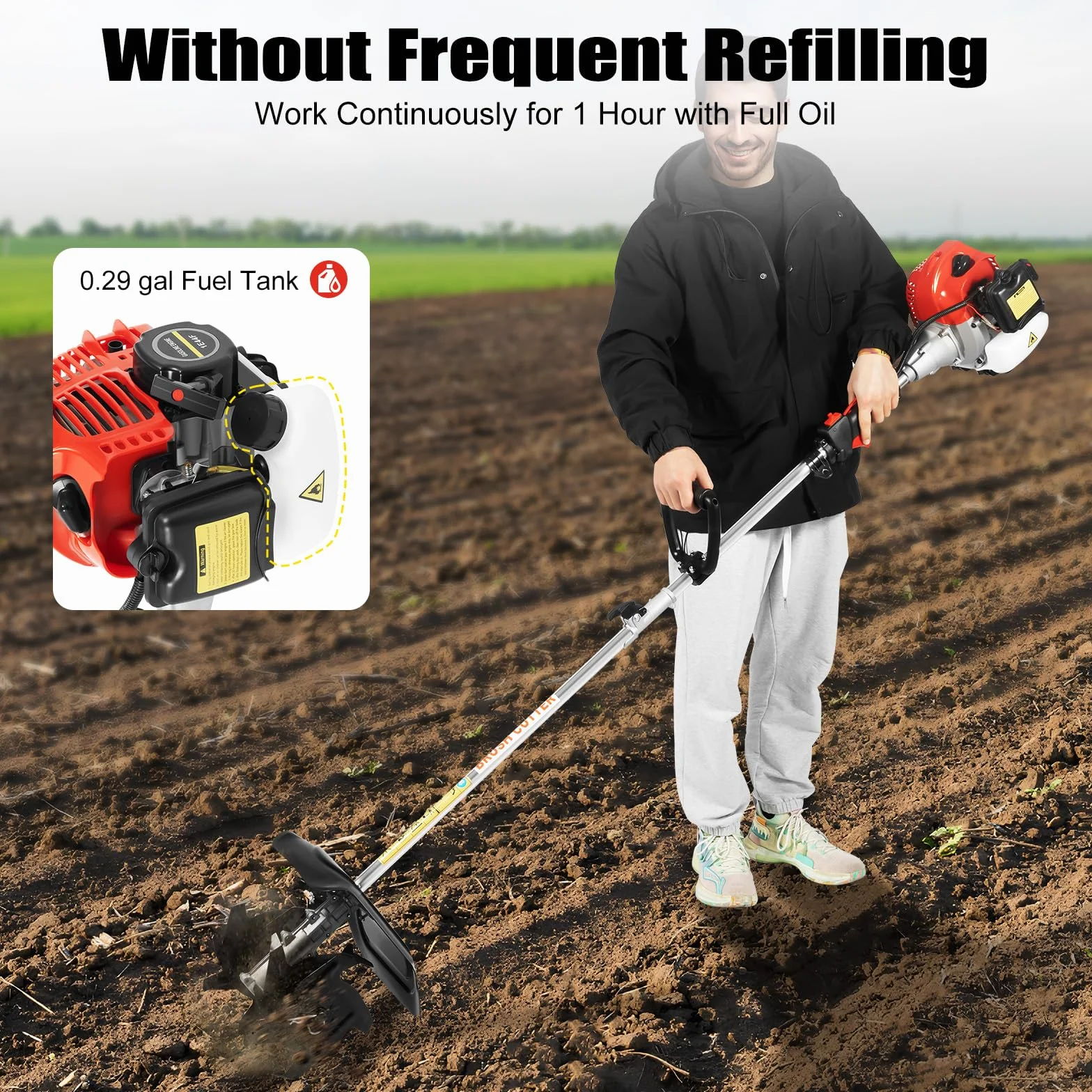 Rototiller a gas de 51.7 CC, cultivador de mano pequeño de un solo cilindro de 2 tiempos, 6500 RPM refrigerado por aire con tanque de combustible de 1.1 L para deshierbe de suelo suelto de