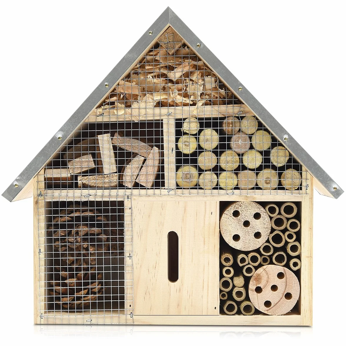 Navaris Hotel de Insectos Madera M - observatorio de Insectos 24,5 x 28 x 7,5cm - casa Natural con Cubierta metálica y Gancho para Diferentes bichos