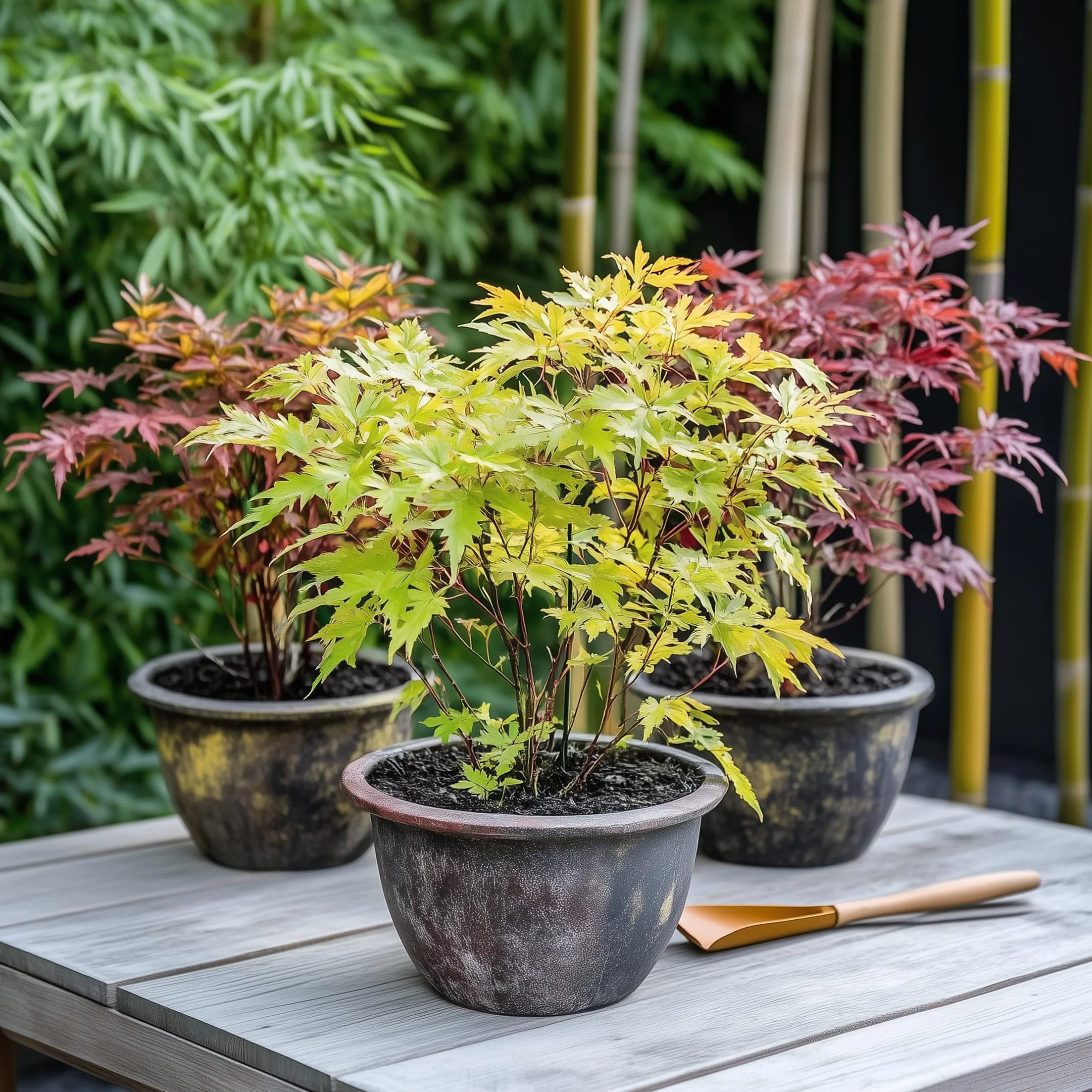 Plant in a Box - Arces japoneses resistentes al invierno - Set de 4 - Acer palmatum 'Atropurpureum', 'Going Green', 'Orange Dream', 'Butterfly' - Maceta 10,5cm - Altura 25-40cm