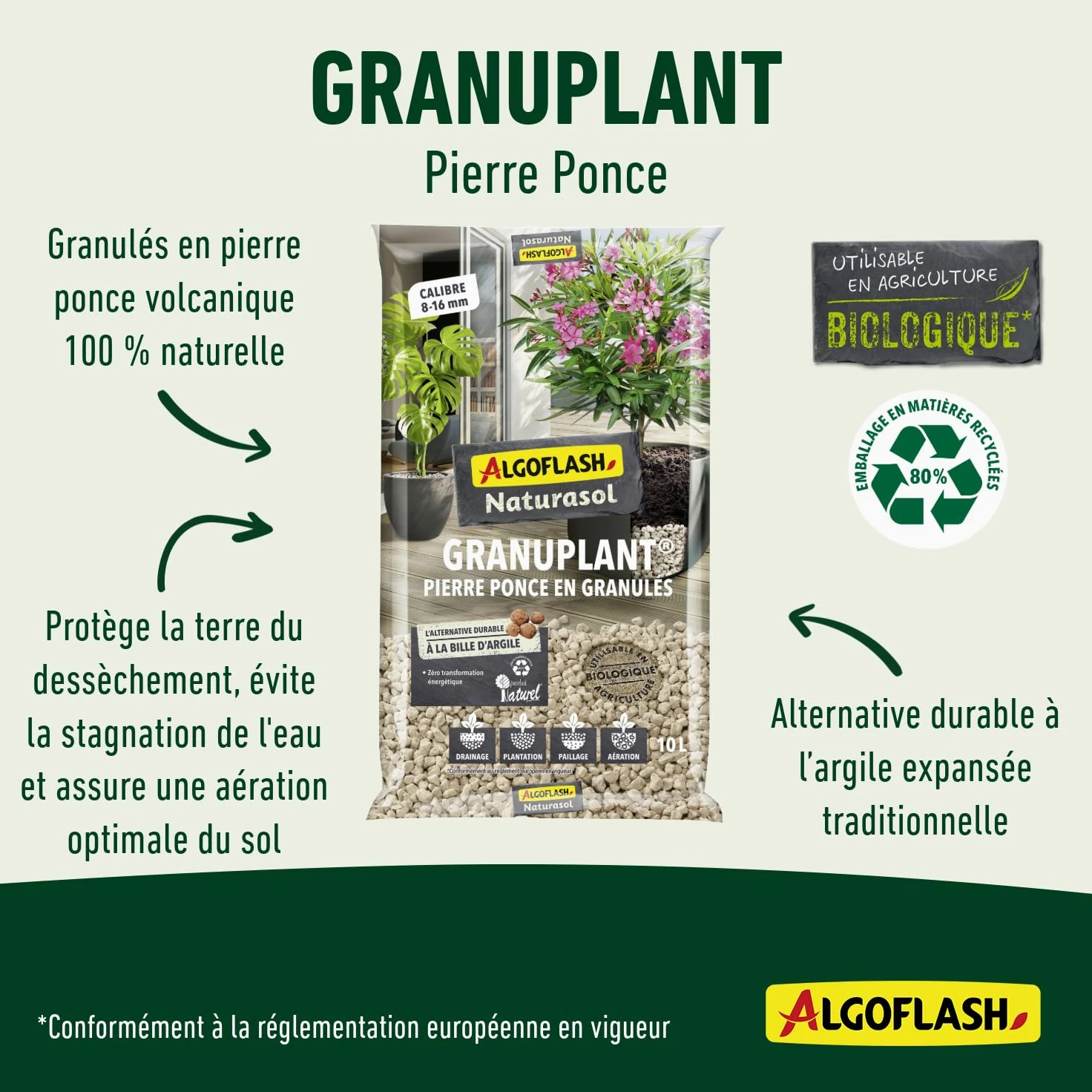 Algoflash Naturasol Granulado de drenaje y plantación – Piedra pómez 100% natural – Alternativa duradera a la bola de arcilla – 10 l