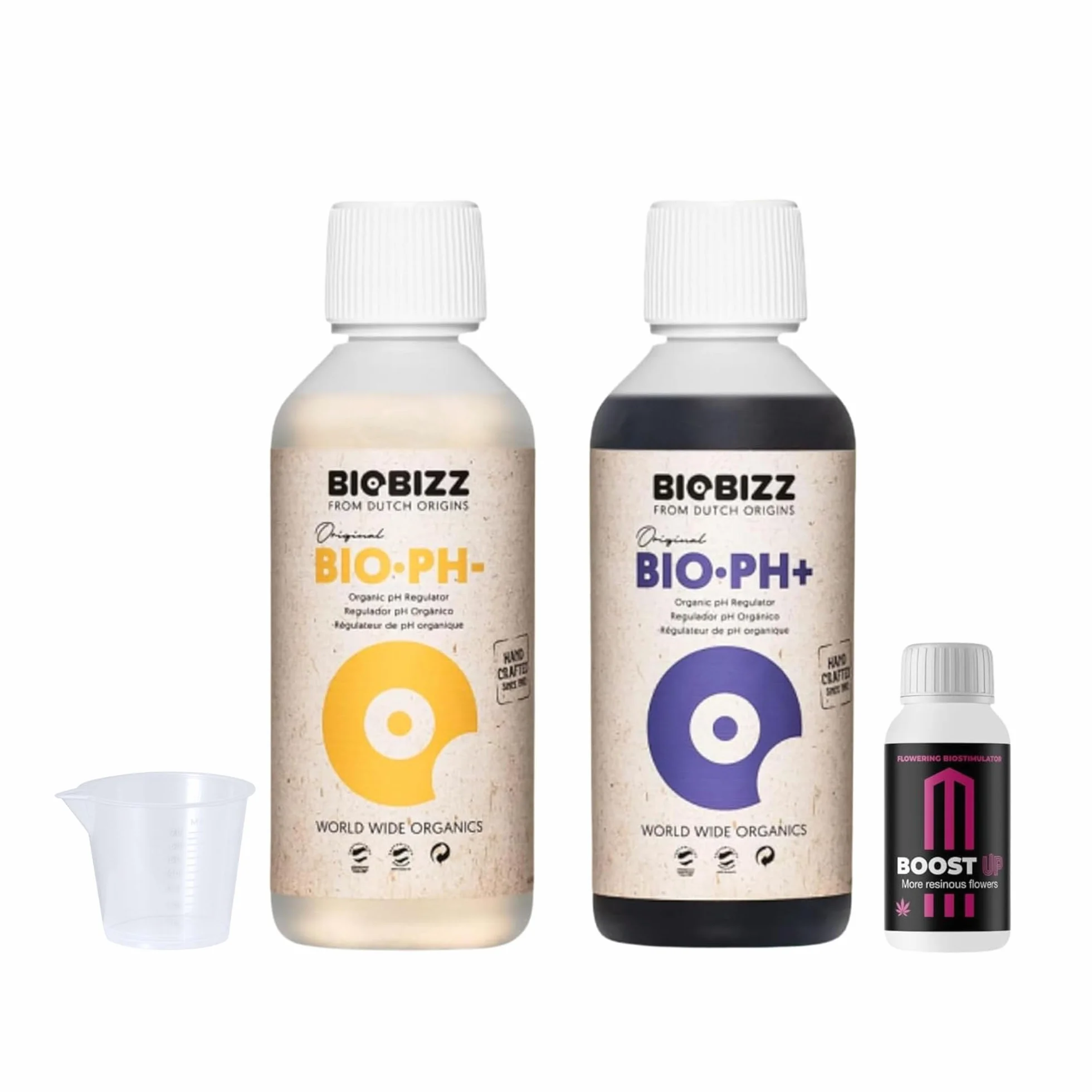 GROWMANIA Biobizz pH + Plus 250 ml + pH – Menos 250 ml líquido + Up Nutrients Boost Up + Vaso Medidor | Superpack Ph up and Ph Down and Boost | Abono elevador de pH para plantas de cultivo