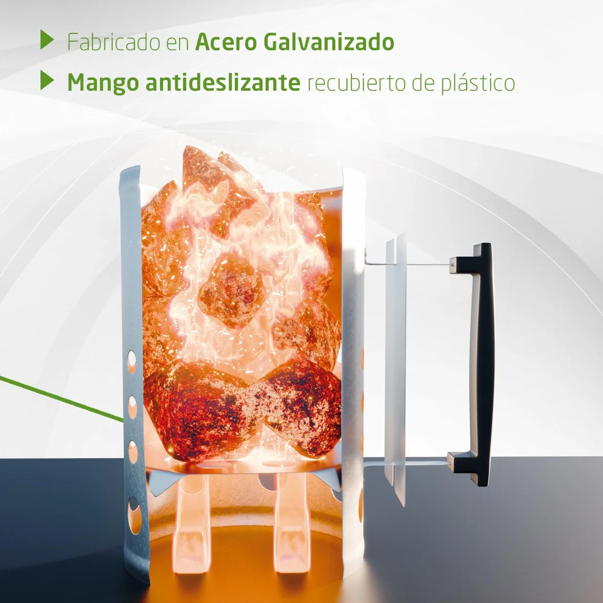 Amig - Encendedor de Carbón Fireplus para Barbacoa - Fabricado con Acero Galvanizado - Mango de Plástico Aislante del Calor - Medidas: 27 x 17,5 x 30 cm