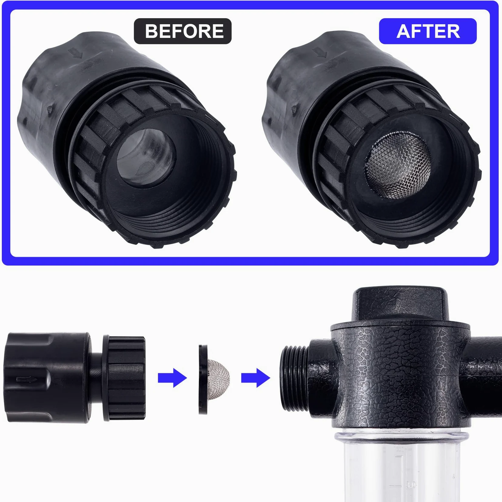 30 arandelas de filtro de manguera, acoplamiento de manguera de entrada de acero inoxidable con colador, accesorios para conector de manguera de jardín de 3/4 pulgadas y lavadora de 5/8 pulgadas