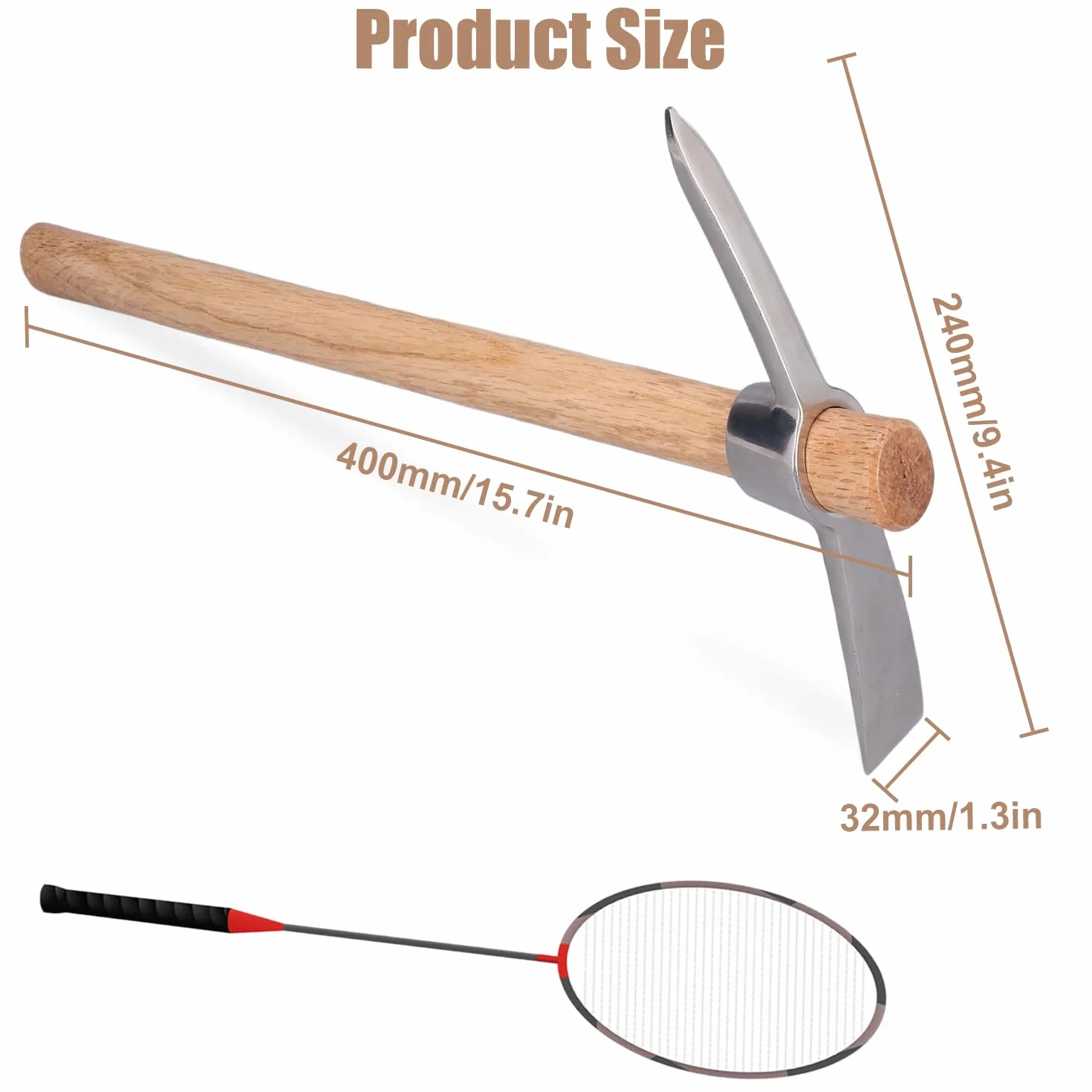 Tissting Pico de Jardín de 40cm/15,7in, Azada de Pico de Acero Inoxidable Resistente y Duradera, Herramientas de Azada de Jardinería Agrícola con Mango de Madera
